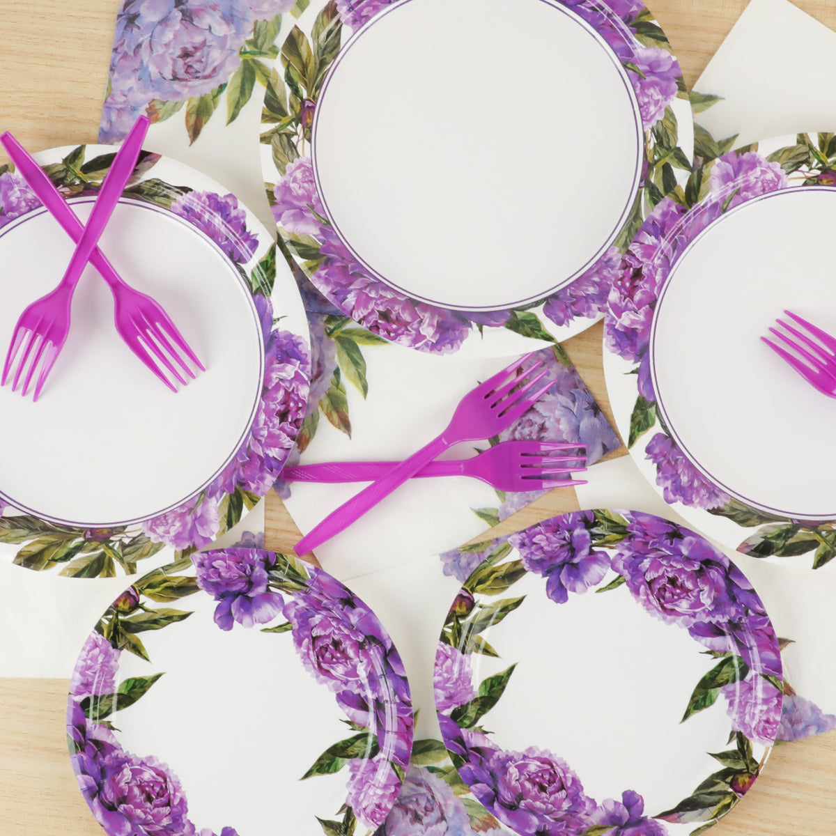 Peony Theme Party Supplies,Plates Napkins Forks Set of 96pcs