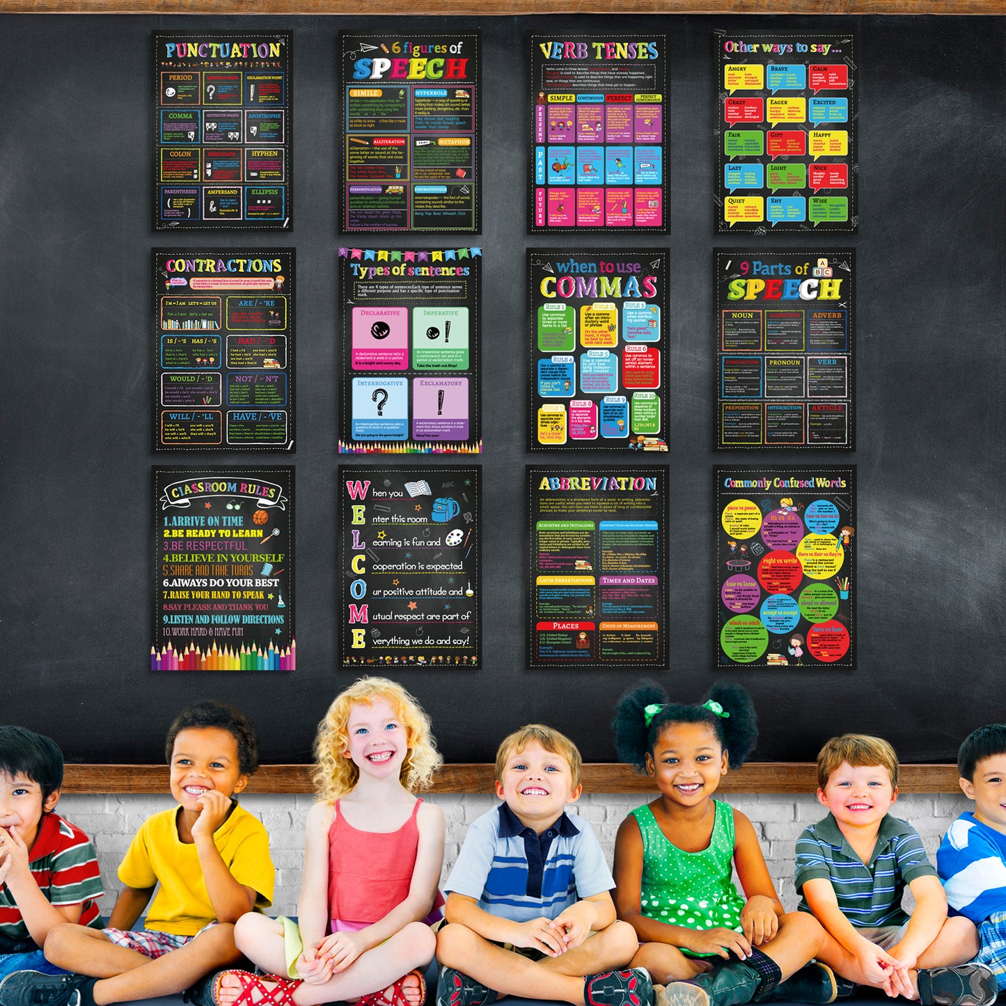 12 Pieces English Grammar Posters Educational Literary Wall Signs,16 x 11 Inch