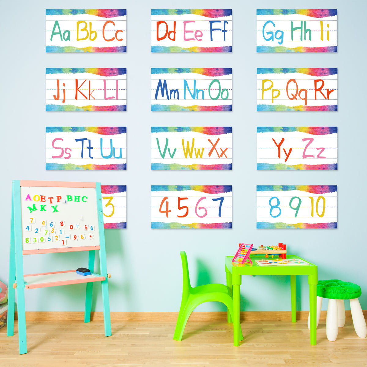 12 Pieces Alphabet Bulletin Board Strips Set Alphabet Line & Number Border Posters(Watercolor)
