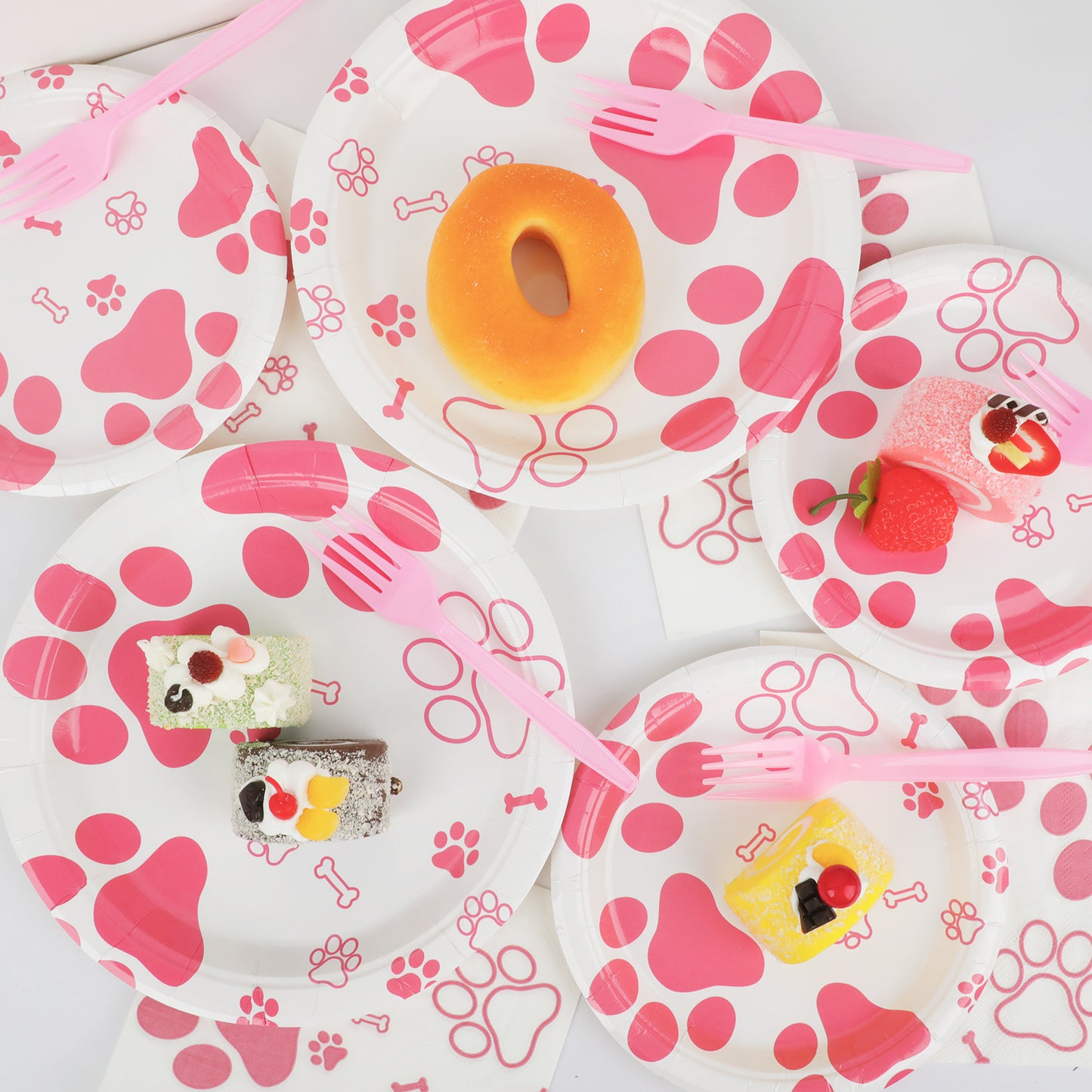 Pink Dog Paw Prints tableware set - baby shower or Puppy birthday party supplies