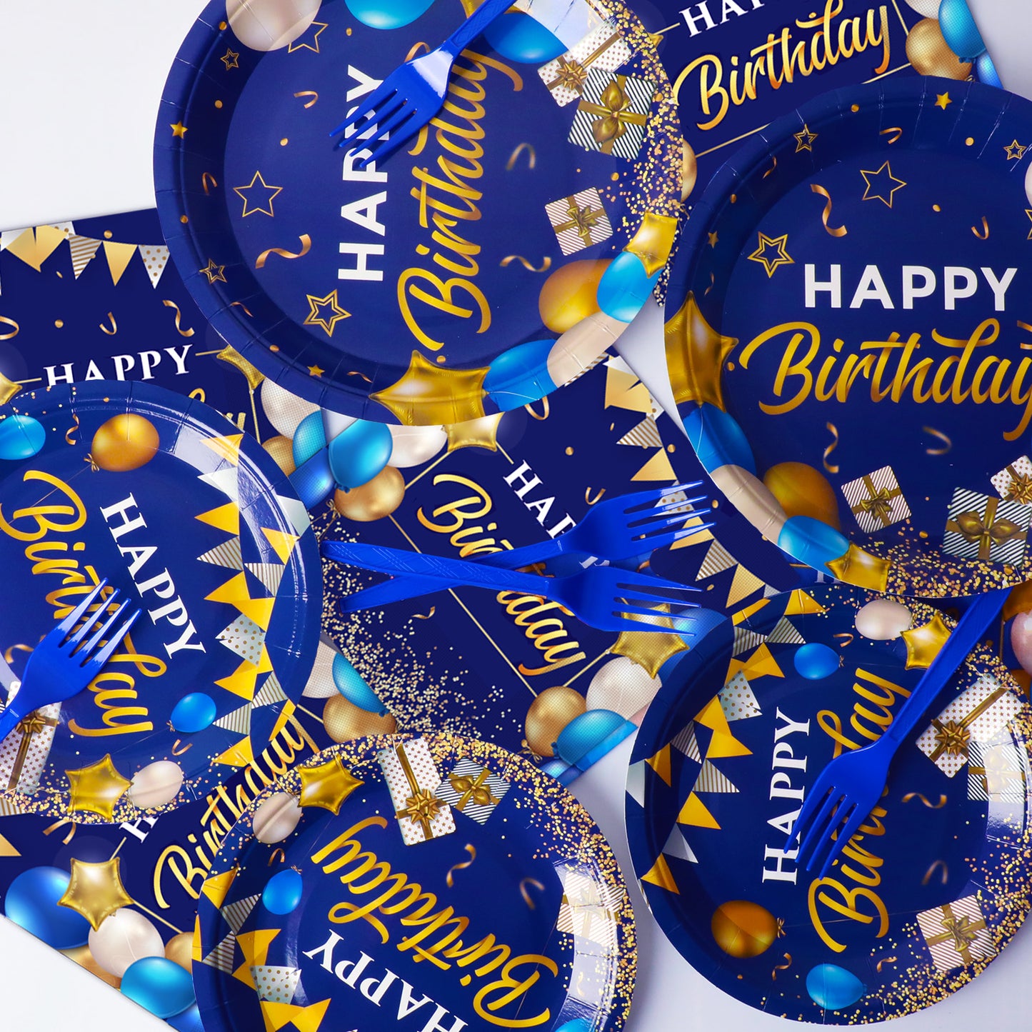 96 Pieces Blue and Gold Birthday Party Tableware Set Paper Plates Napkins Forks for 24 Guests