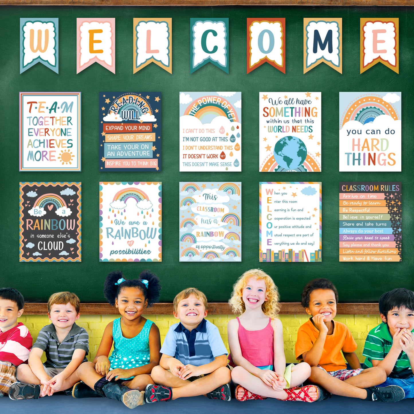 17 Pieces Boho Rainbow Classroom Motivational Posters