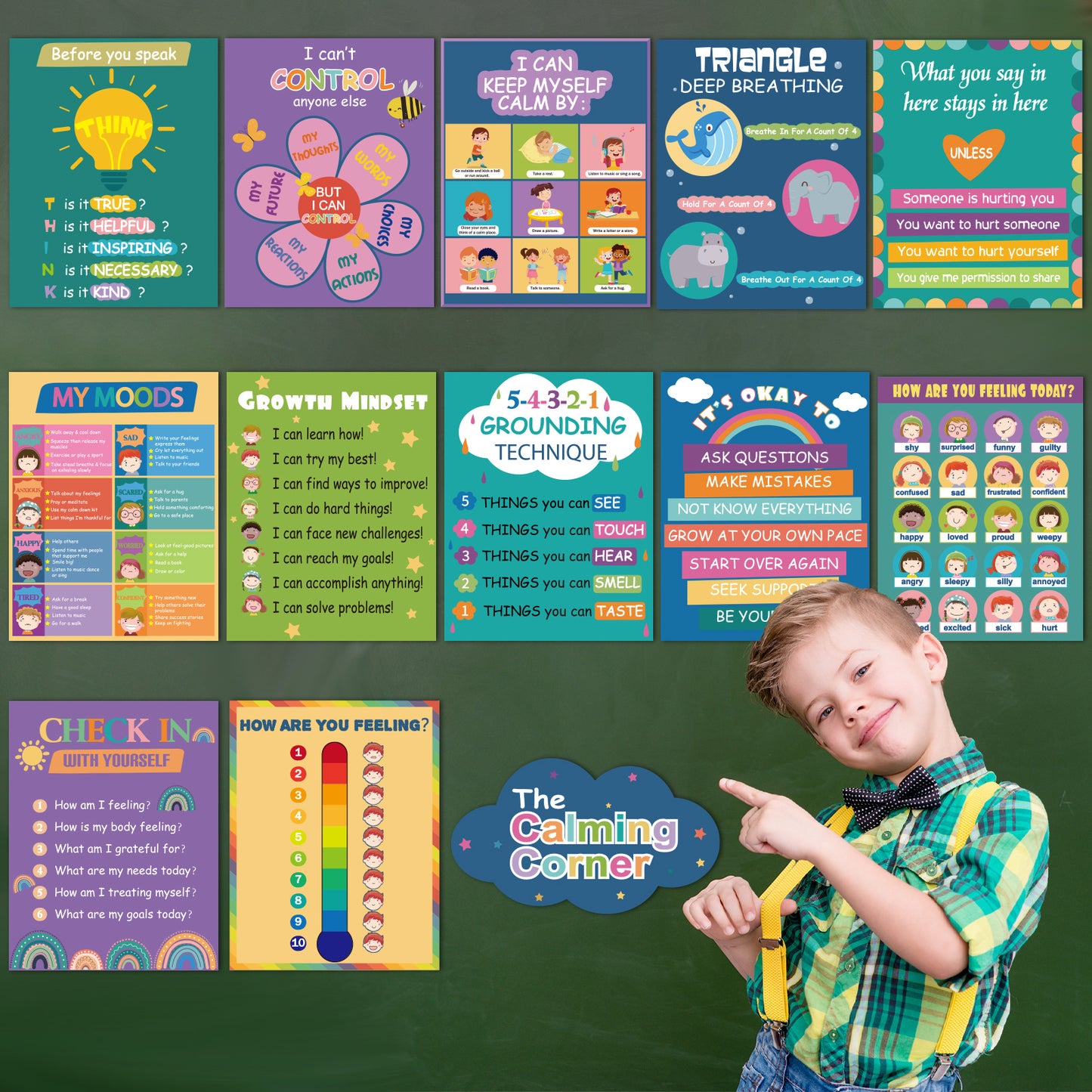 13 Pieces Feelings Chart and Keep Calm Posters Feelings Emotions - 11 x 16inch