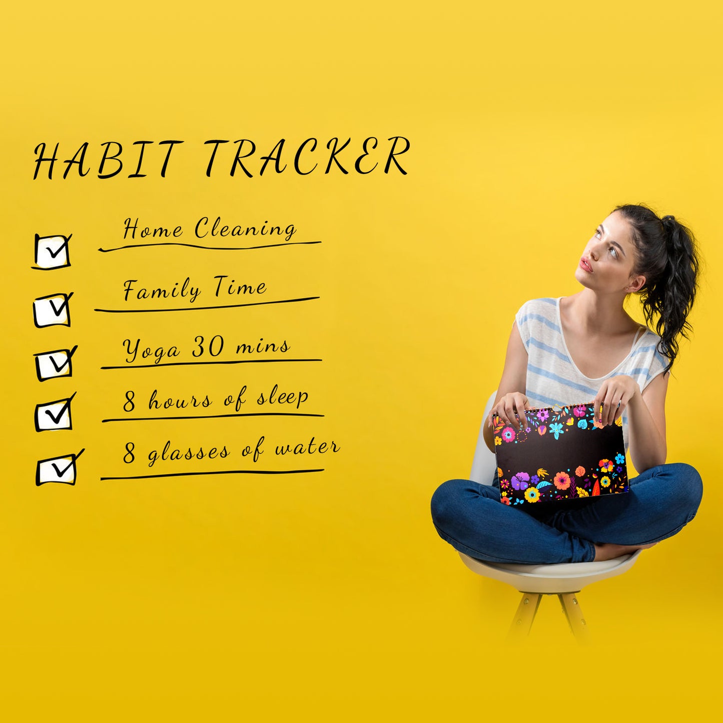 Black Habit Tracker Calendar Goal Planner with Spiral Binding - 12+2 Month