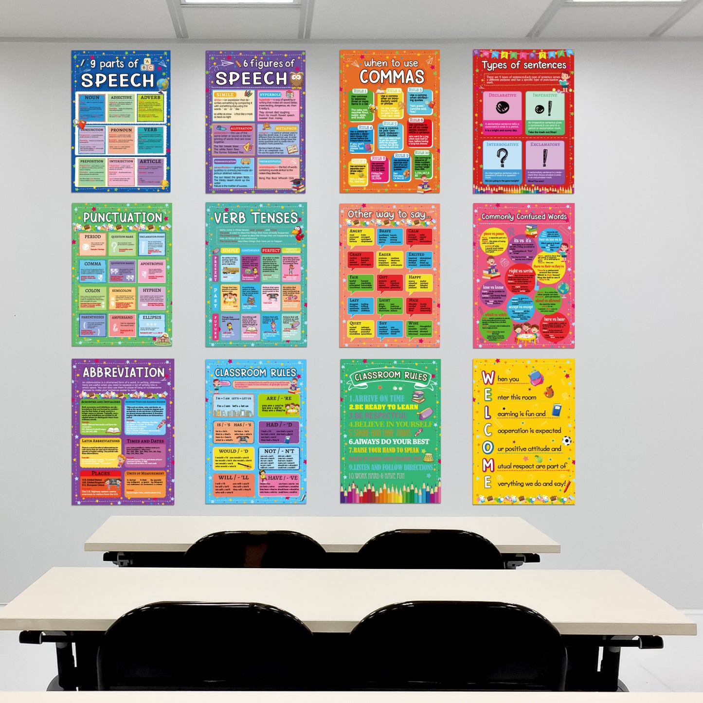 12 Pieces English Grammar Posters Educational Literary Wall Signs,16 x 11 Inch