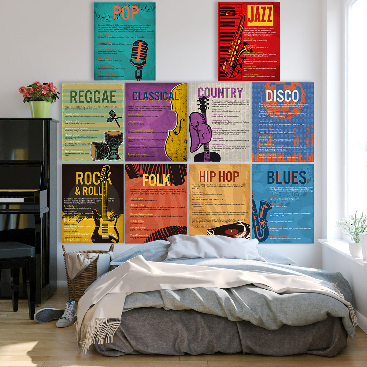 Music Genre Posters Music Bulletin Board Set-10 Pack,16 * 11inch