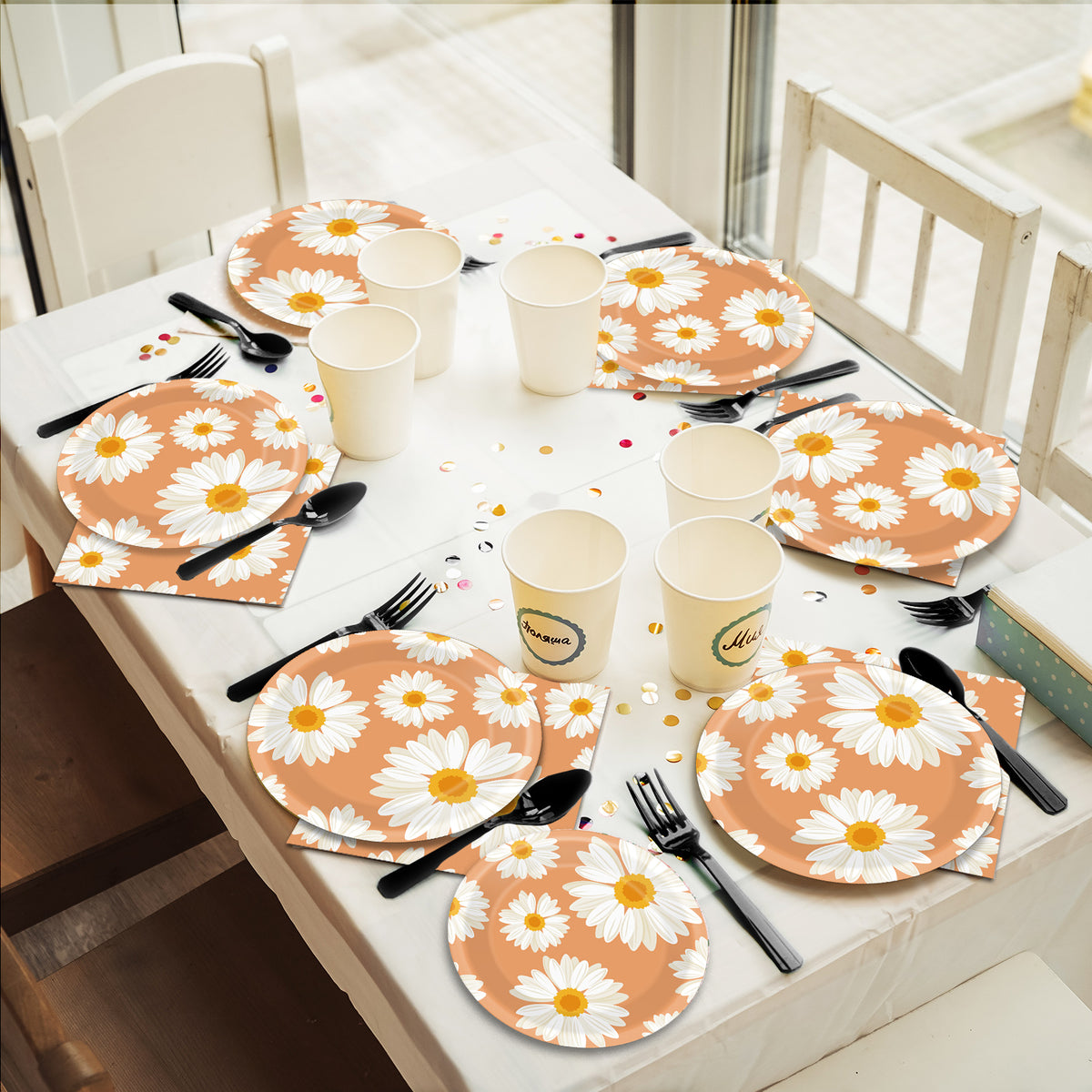Daisy Flower Theme Party Supplies,Plates Napkins Forks Set of 96pcs