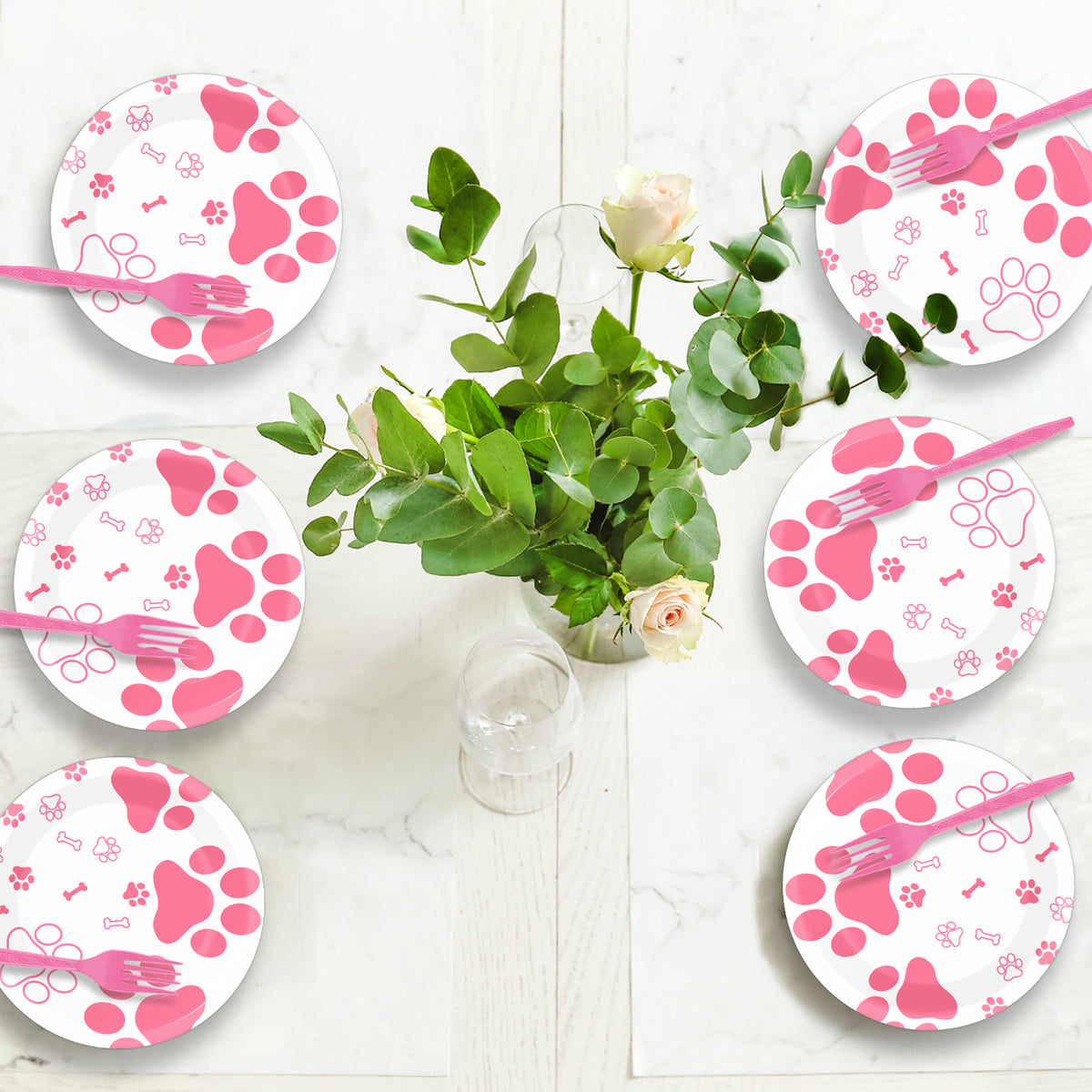 Pink Dog Paw Prints plates set - baby shower or Puppy birthday party supplies
