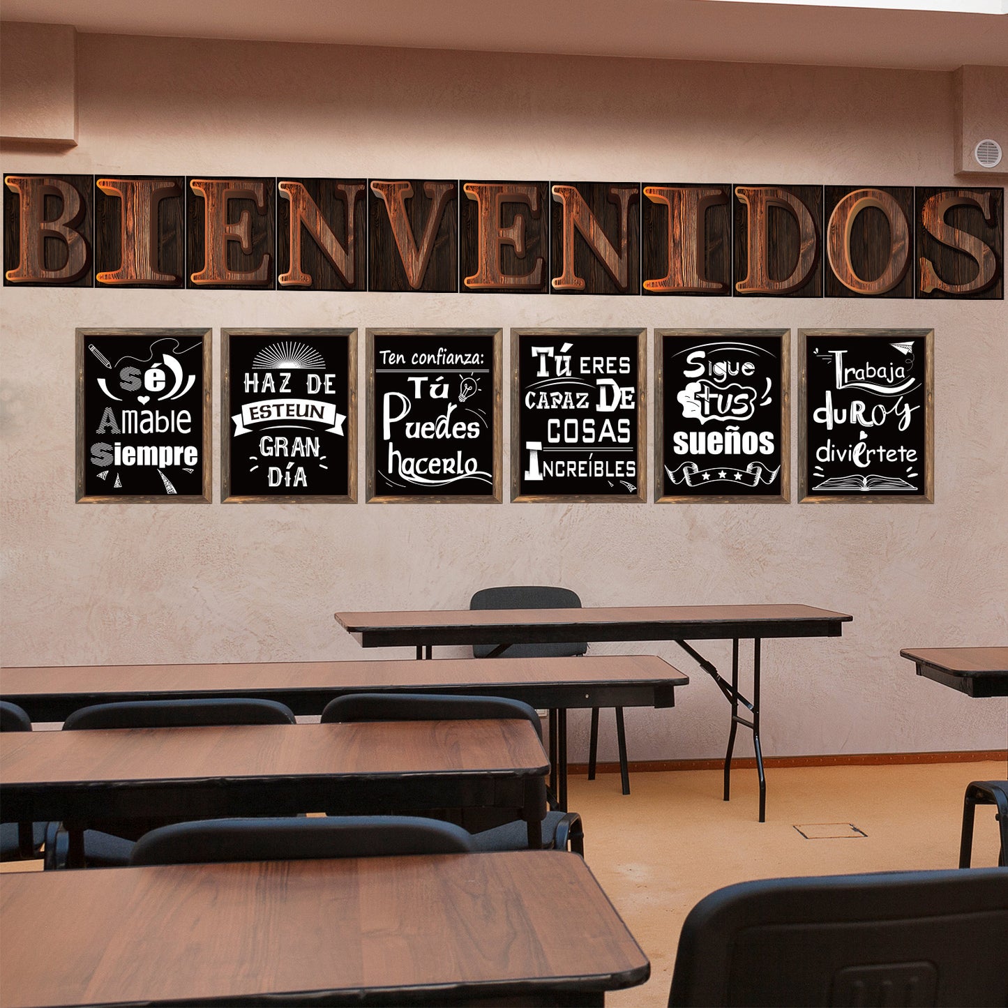 Spanish Bienvenidos Posters Classroom Decorations with Adhesive Dots - 17 Pack Black