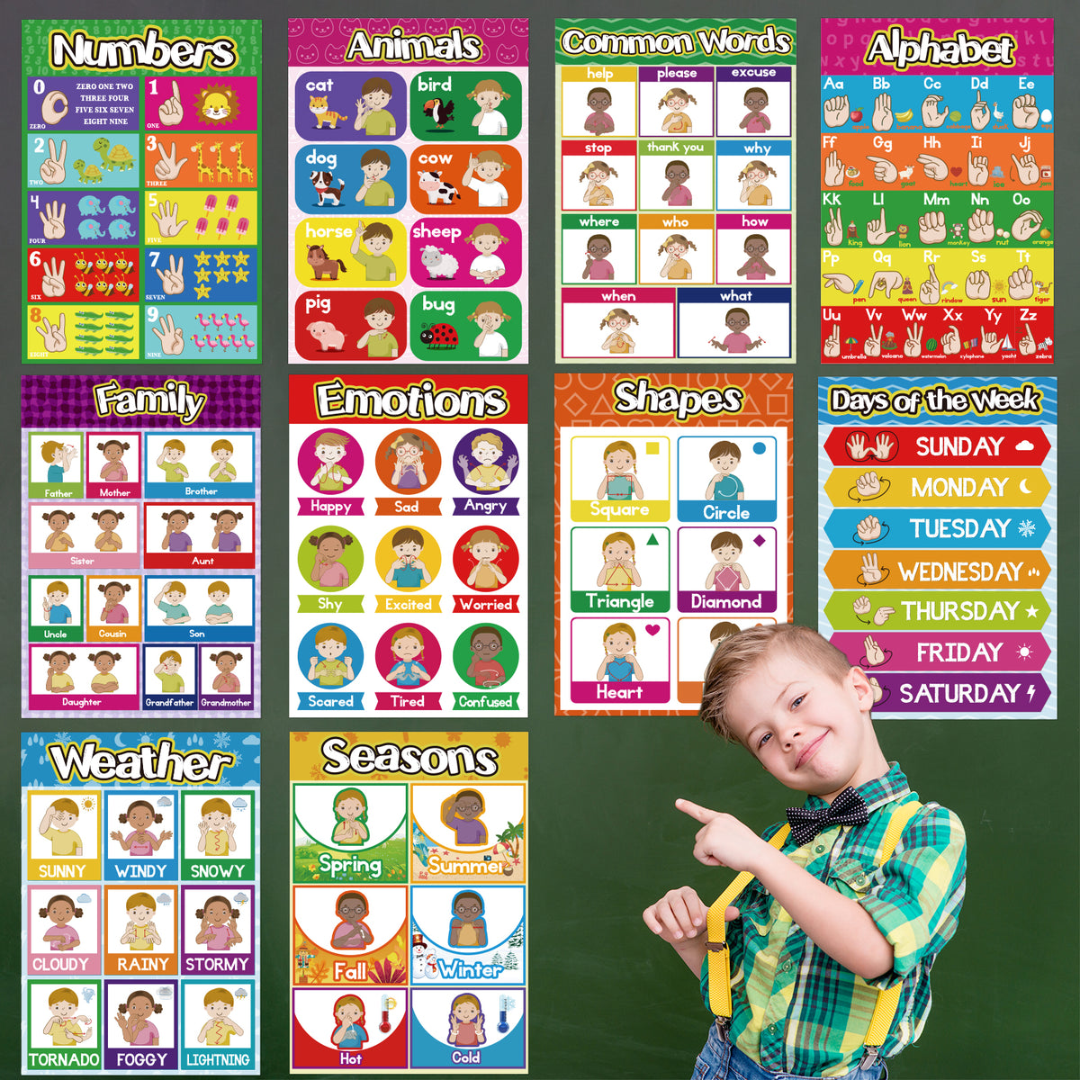 12 Pieces Sign Language ASL poster for Education - 11 x 16inch