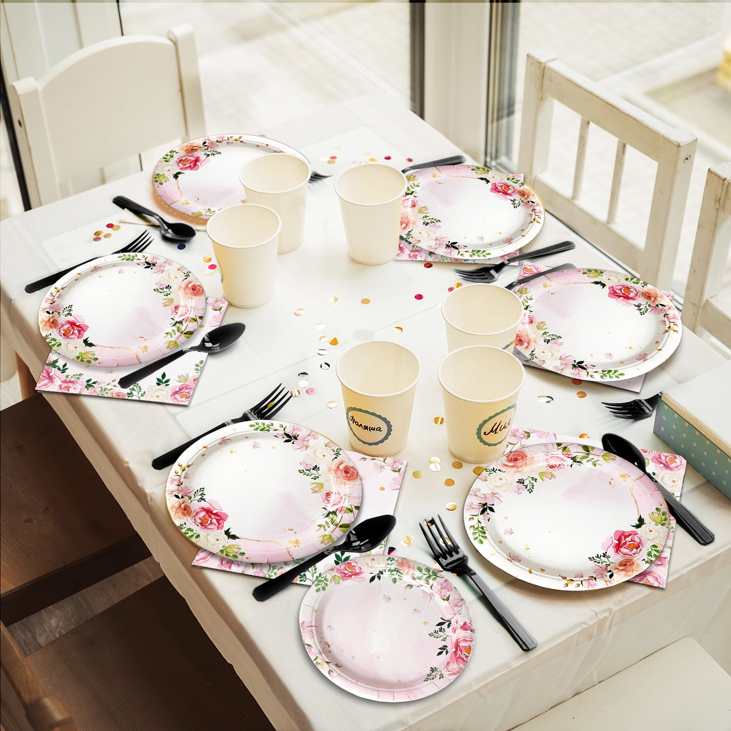 Floral Theme Party Supplies,Plates Napkins Forks Set of 96pcs