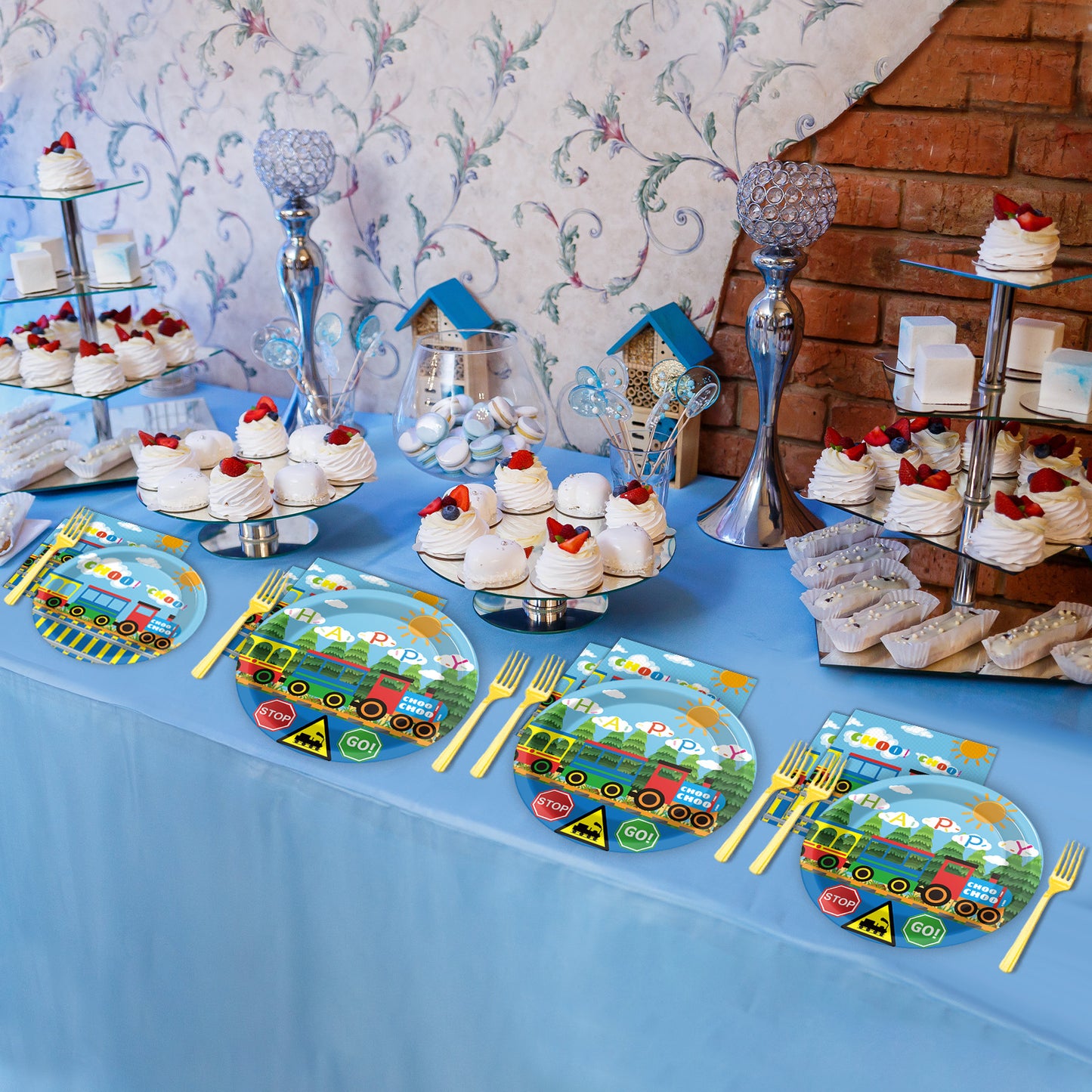 96 Pieces Train Party Tableware Set Paper Plates Napkins Forks for 24 Guests