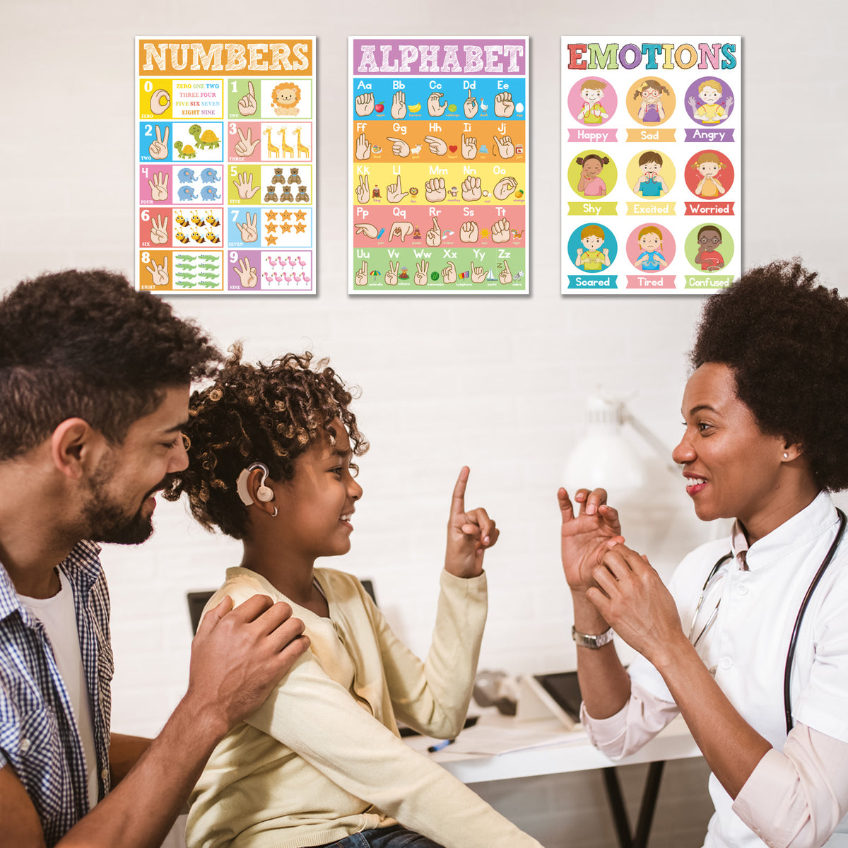 3 Pieces ASL Poster Sign Language Posters for Toddler Kids Students Classroom Decorations