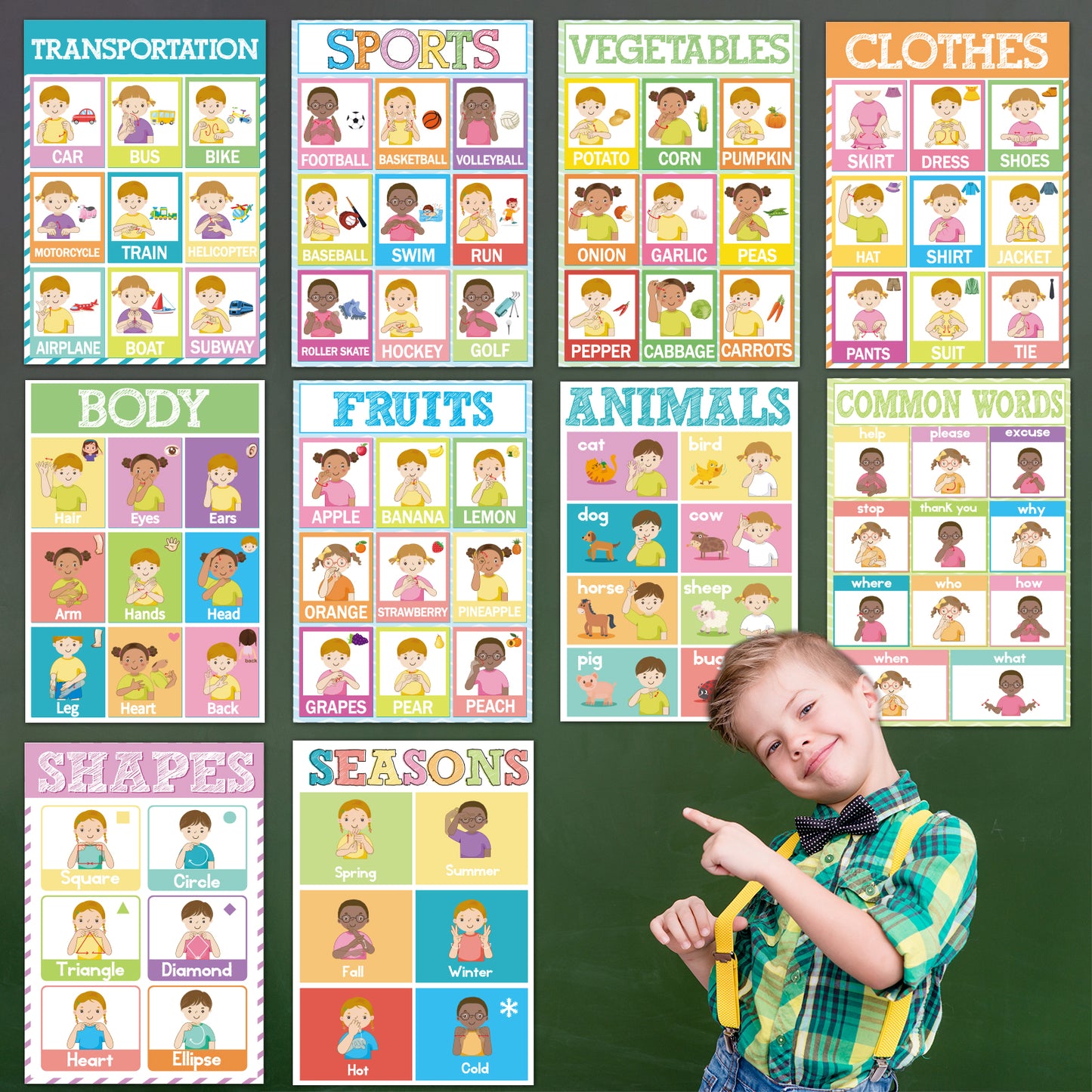 18 Pieces Sign Language ASL poster for Education - 11 x 16inch