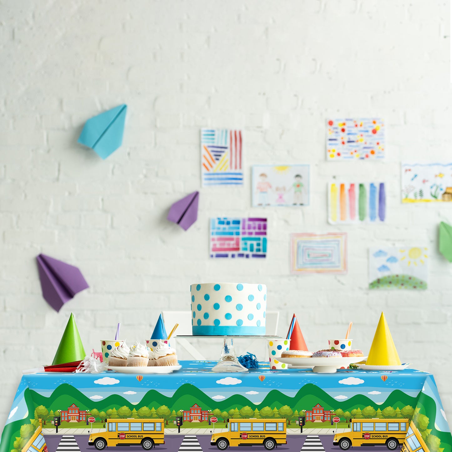 3 Pcs School Bus Tablecloth Back to School Party Tablecover