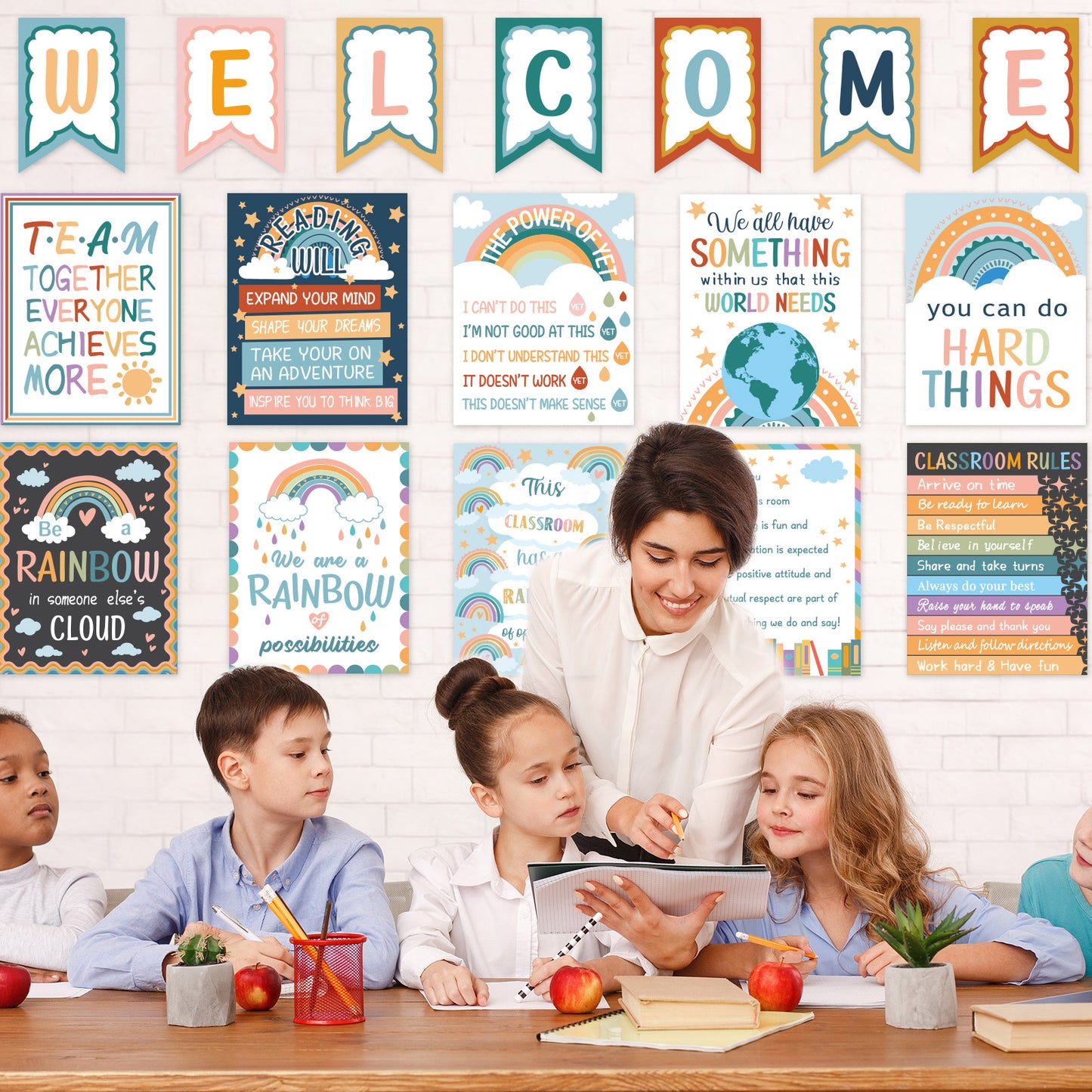 17 Pieces Boho Rainbow Classroom Motivational Posters