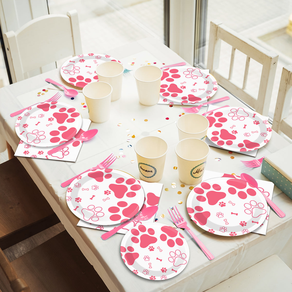 Pink Dog Paw Prints tableware set - baby shower or Puppy birthday party supplies