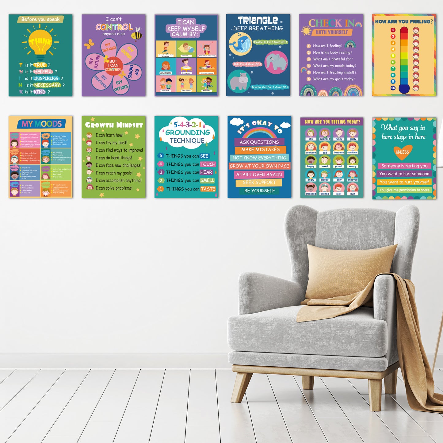 13 Pieces Feelings Chart and Keep Calm Posters Feelings Emotions - 11 x 16inch