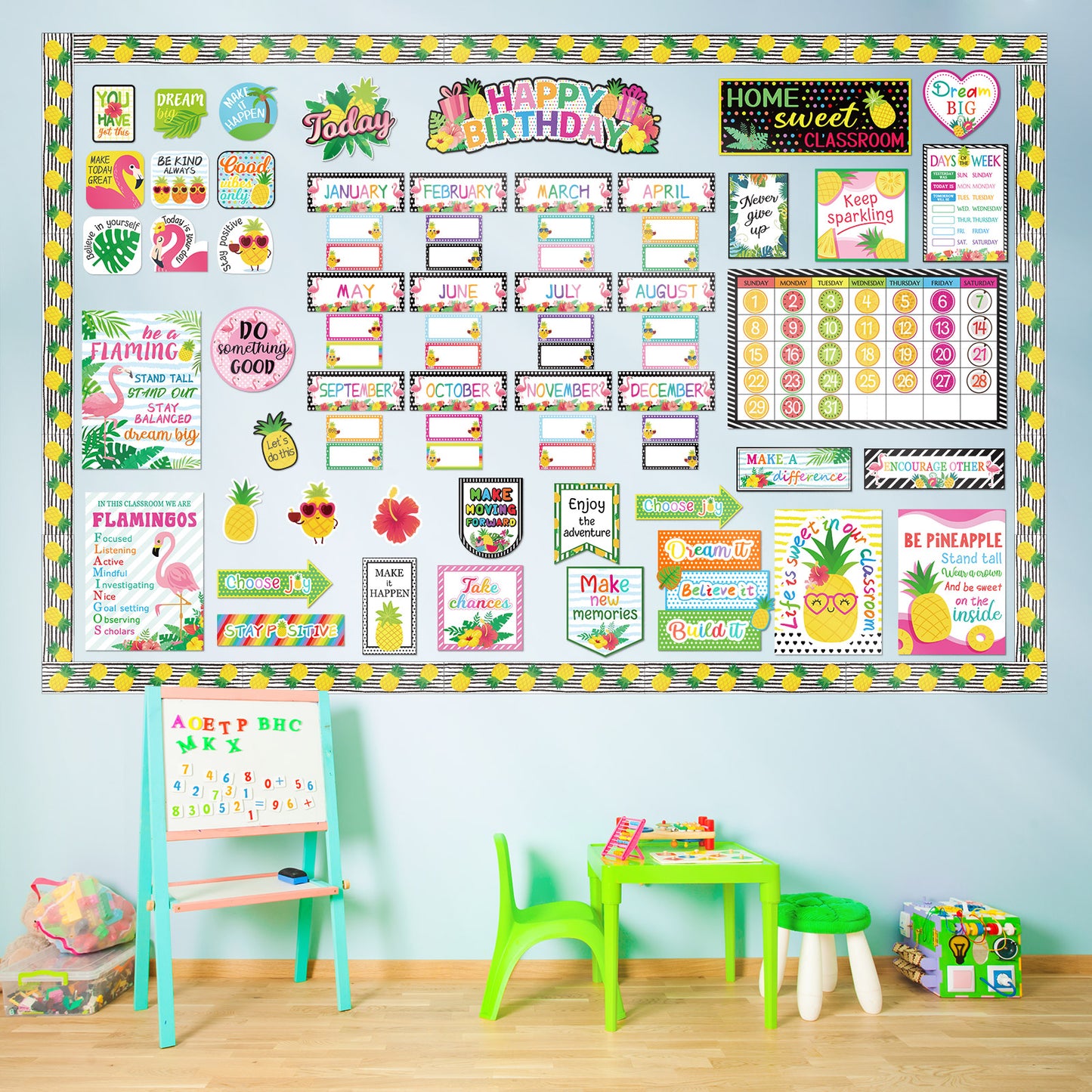 Tropical Summer Classroom Decor Hawaii Pineapple Flamingo Bulletin Board and Wall Decorations
