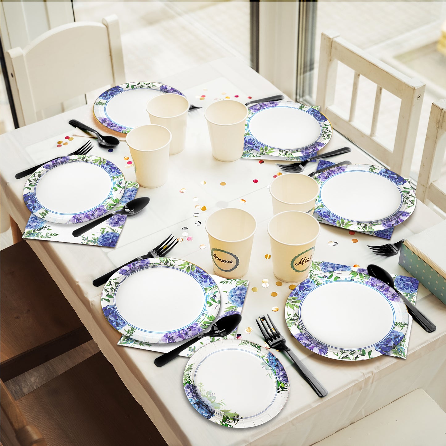 Hydrangea Theme Party Supplies,Plates Napkins Forks Set of 96pcs