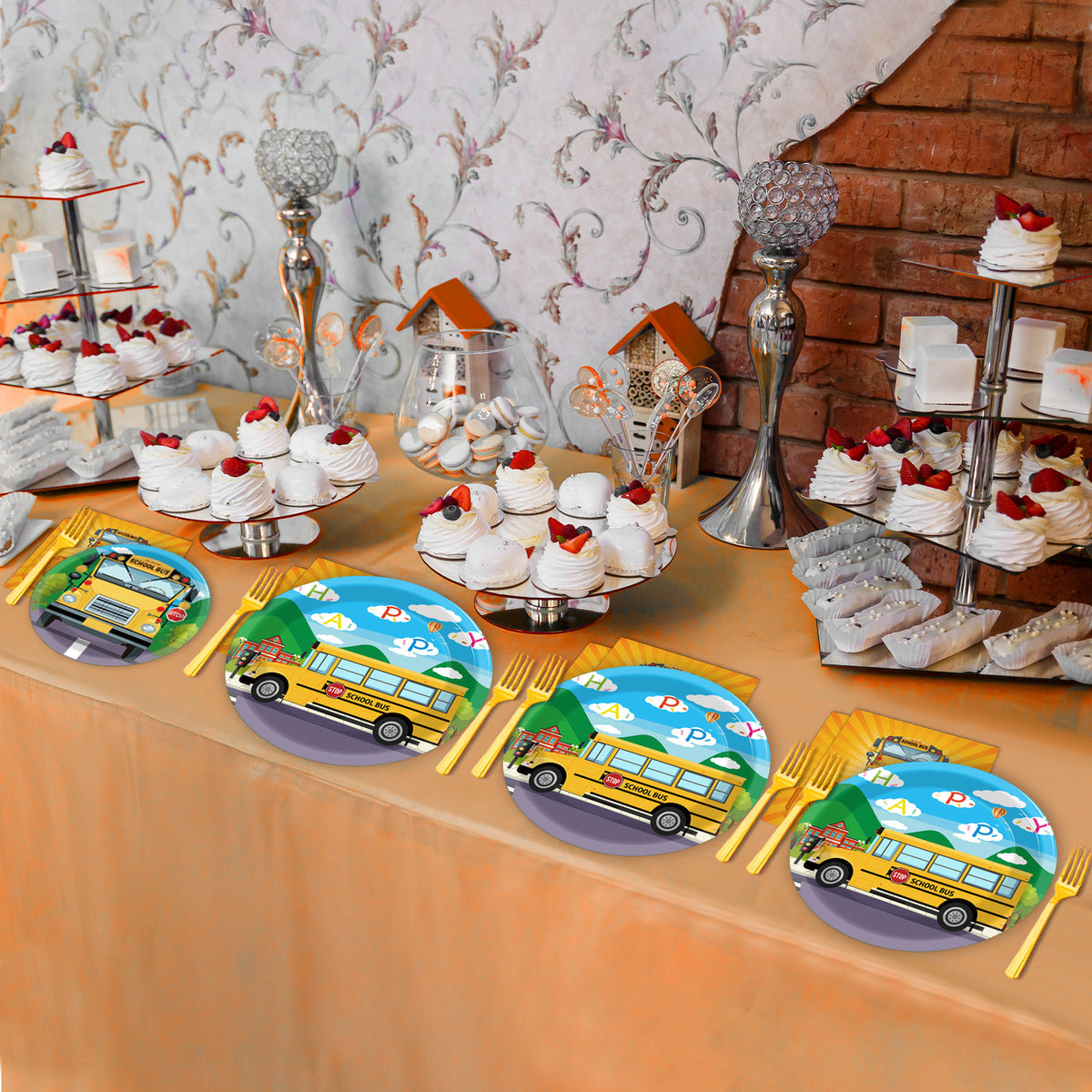 96 Pieces School Bus TableWare Set Back to School Plates Napkins Forks for 24 Guests