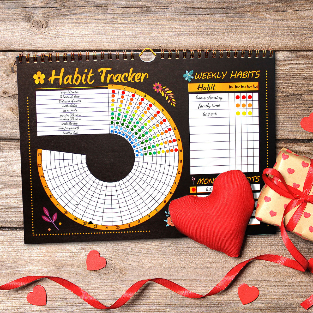 Black Habit Tracker Calendar Goal Planner with Spiral Binding - 12+2 Month