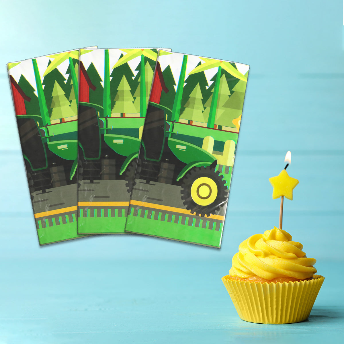 Set of 3 Green Tractor Tablecloth for Birthday Party Farm Party
