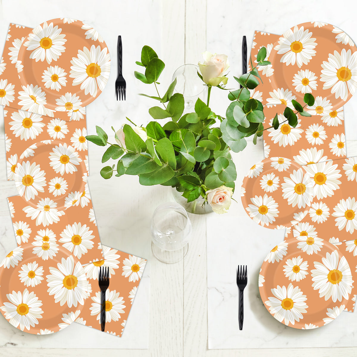 Daisy Flower Theme Party Supplies,Plates Napkins Forks Set of 96pcs