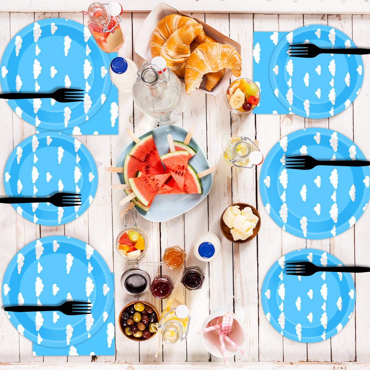 Blue Sky White Clouds Party Supplies,Plates Napkins Forks Set of 96pcs