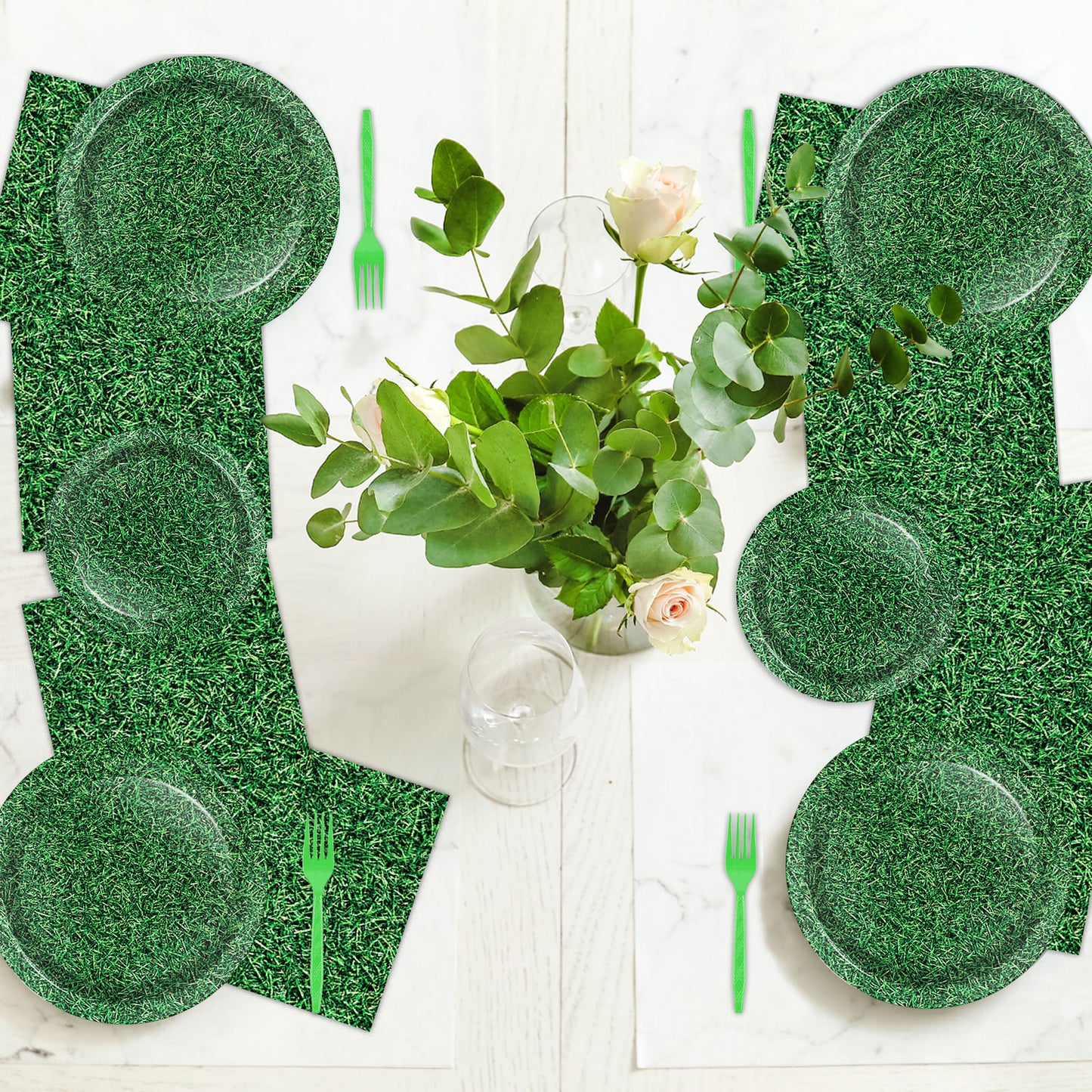 Grass Theme Party Supplies,Plates Napkins Forks Set of 96pcs