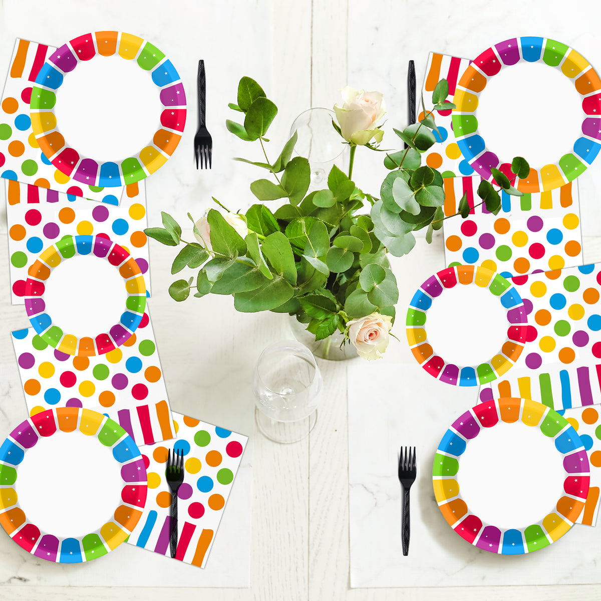 Rainbow Birthday Theme Party Supplies,Plates Napkins Forks Set of 96pcs