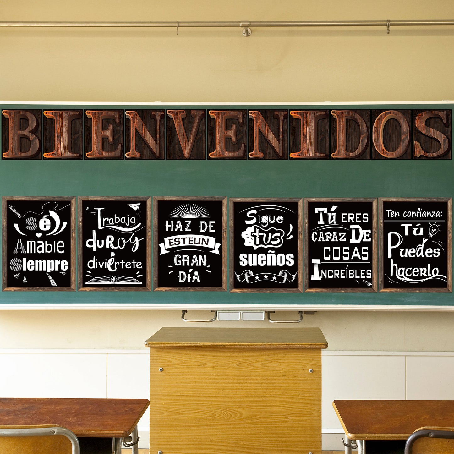Spanish Bienvenidos Posters Classroom Decorations with Adhesive Dots - 17 Pack Black