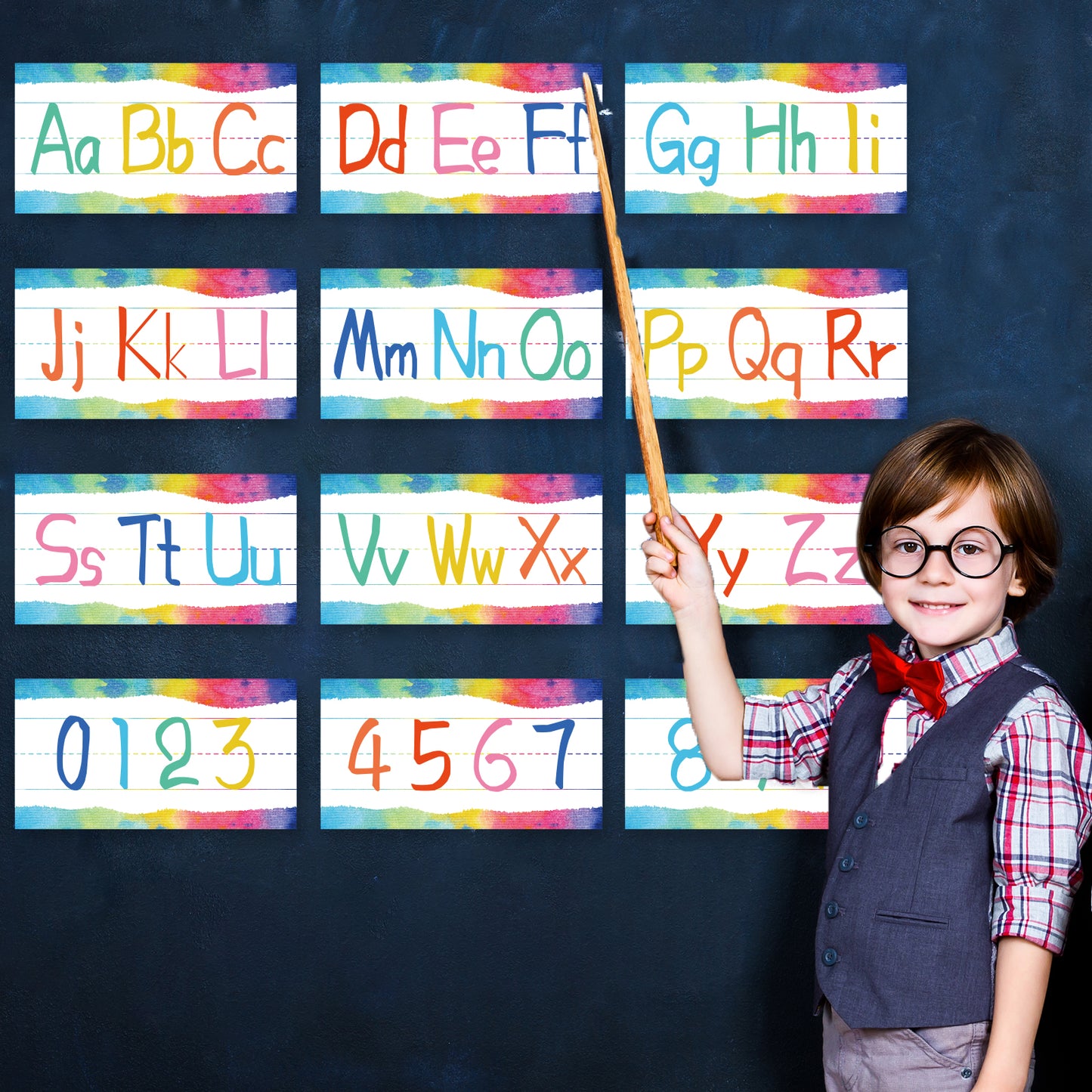 12 Pieces Alphabet Bulletin Board Strips Set Alphabet Line & Number Border Posters(Watercolor)
