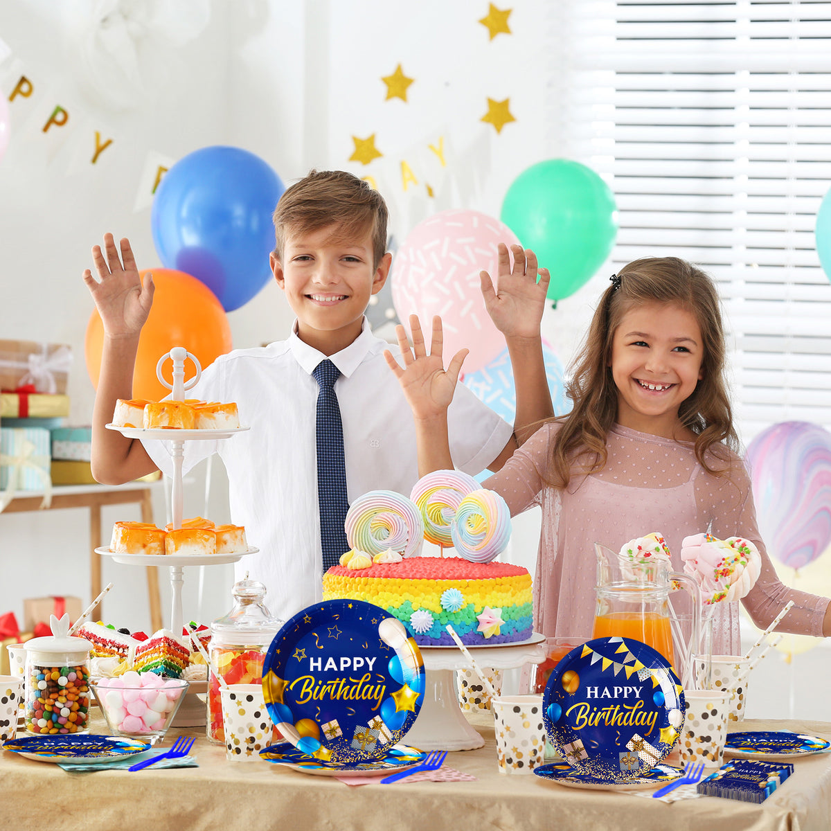 96 Pieces Blue and Gold Birthday Party Tableware Set Paper Plates Napkins Forks for 24 Guests