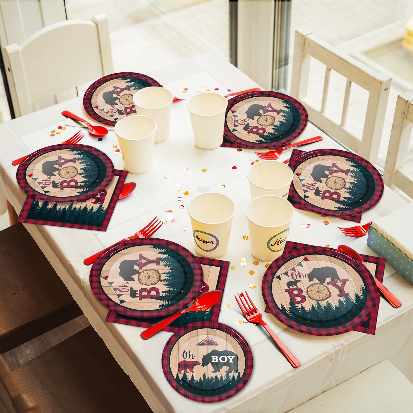 96 Pieces Oh Boy Buffalo Baby Shower Tableware Set Paper Plates Napkins Forks for 24 Guests