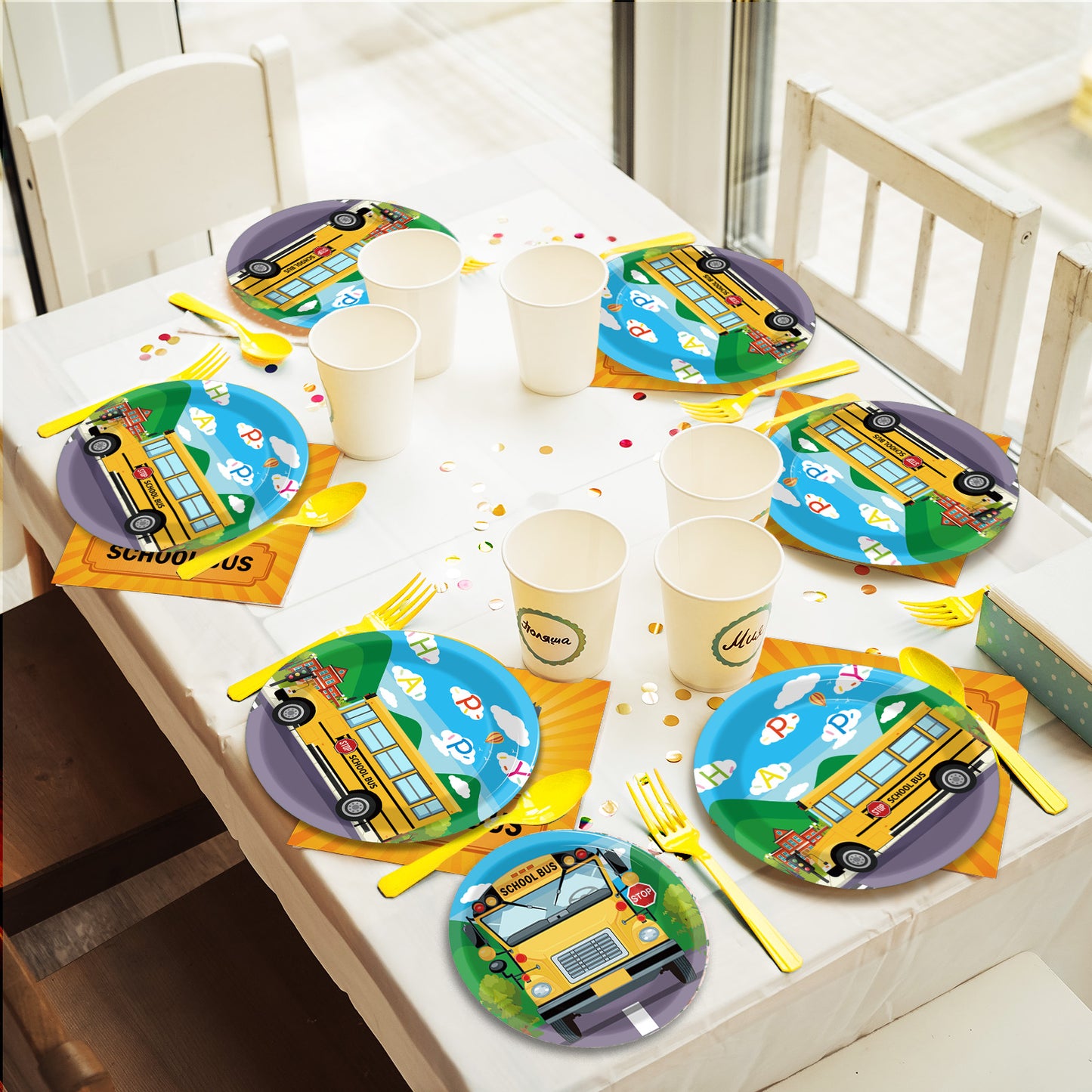 96 Pieces School Bus TableWare Set Back to School Plates Napkins Forks for 24 Guests