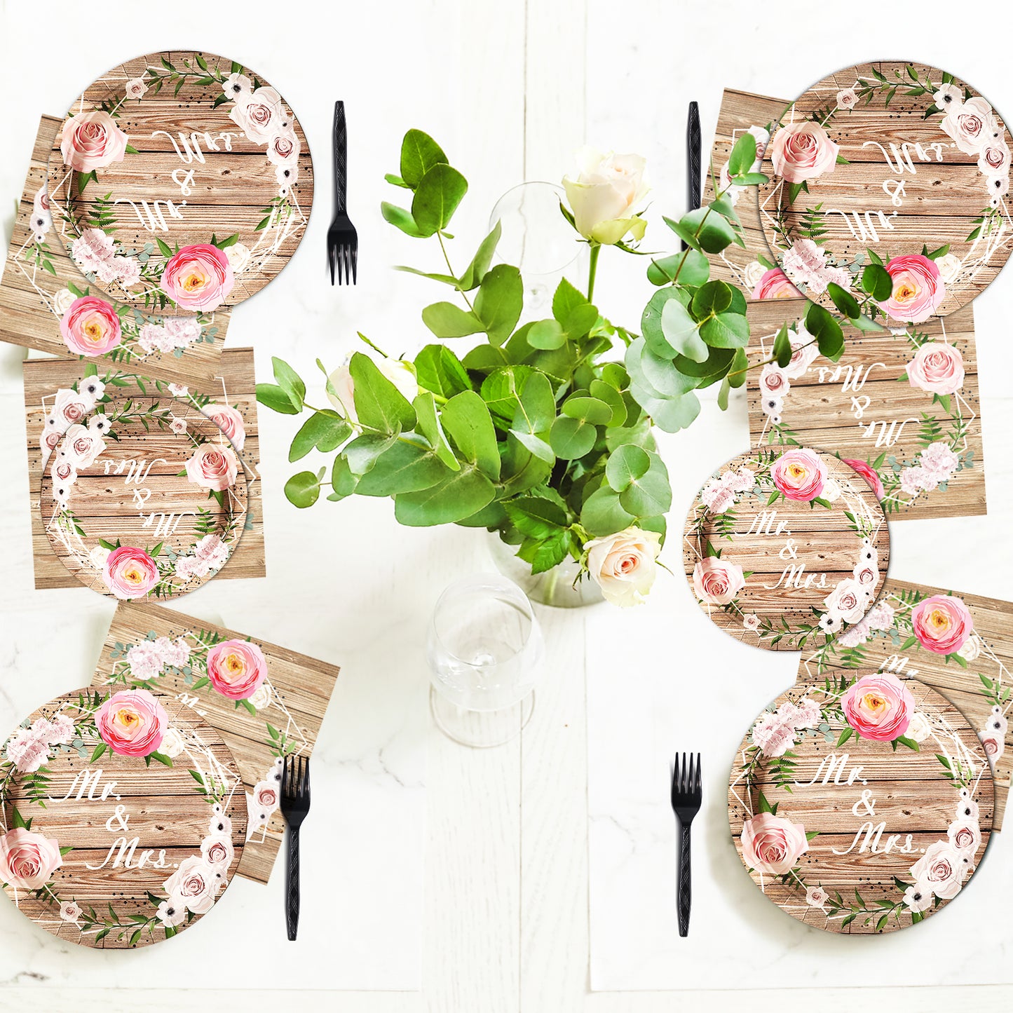 96 Pieces Mr. & Mrs. Tableware Set Bridal Shower Wedding Paper Plates Napkins Forks for 24 Guests