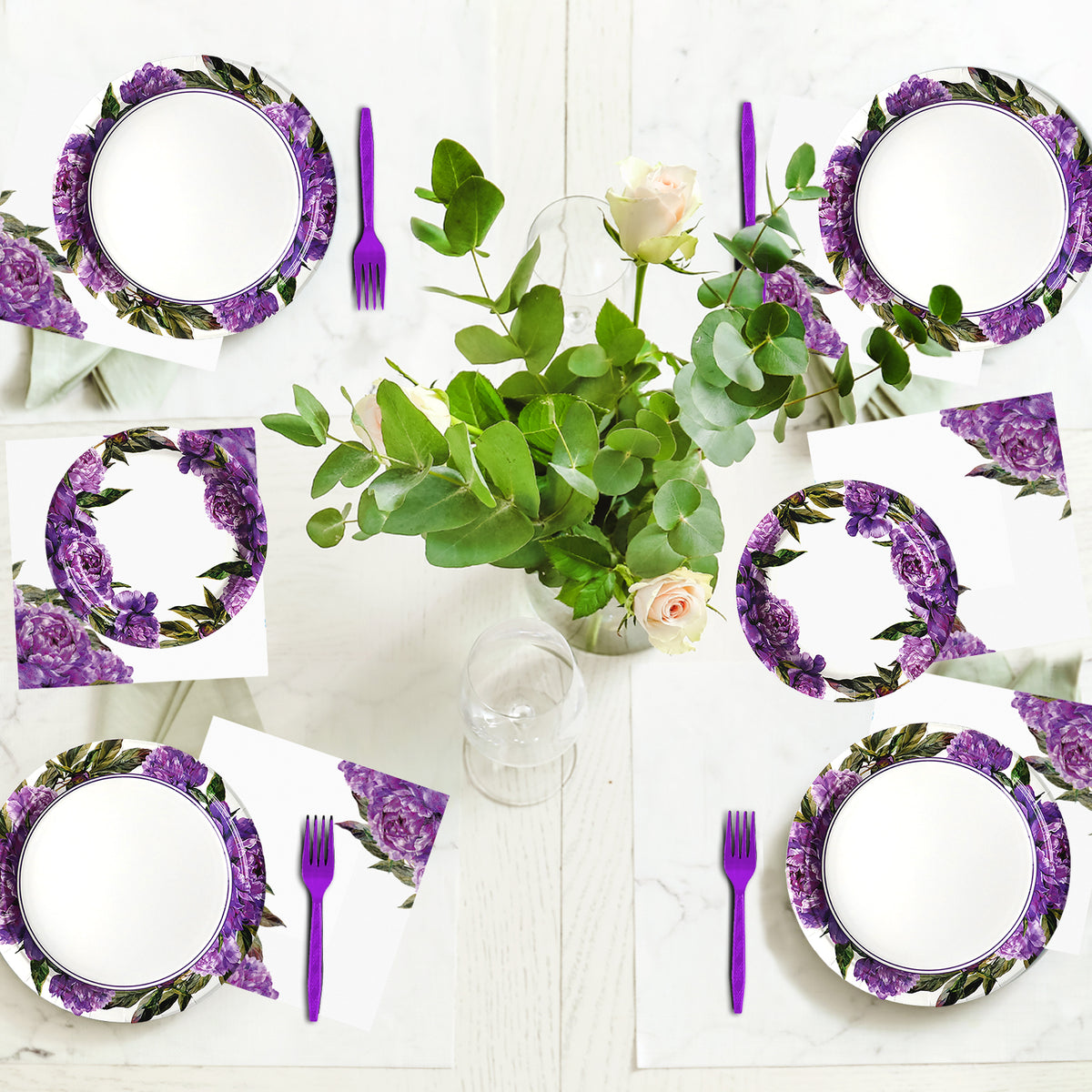 Peony Theme Party Supplies,Plates Napkins Forks Set of 96pcs
