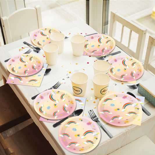 96 Pieces Rainbow Party Tableware Set Paper Plates Napkins Forks for 24 Guests