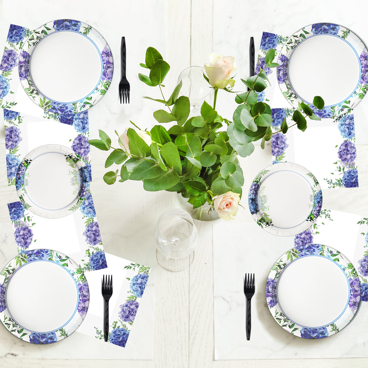 Hydrangea Theme Party Supplies,Plates Napkins Forks Set of 96pcs