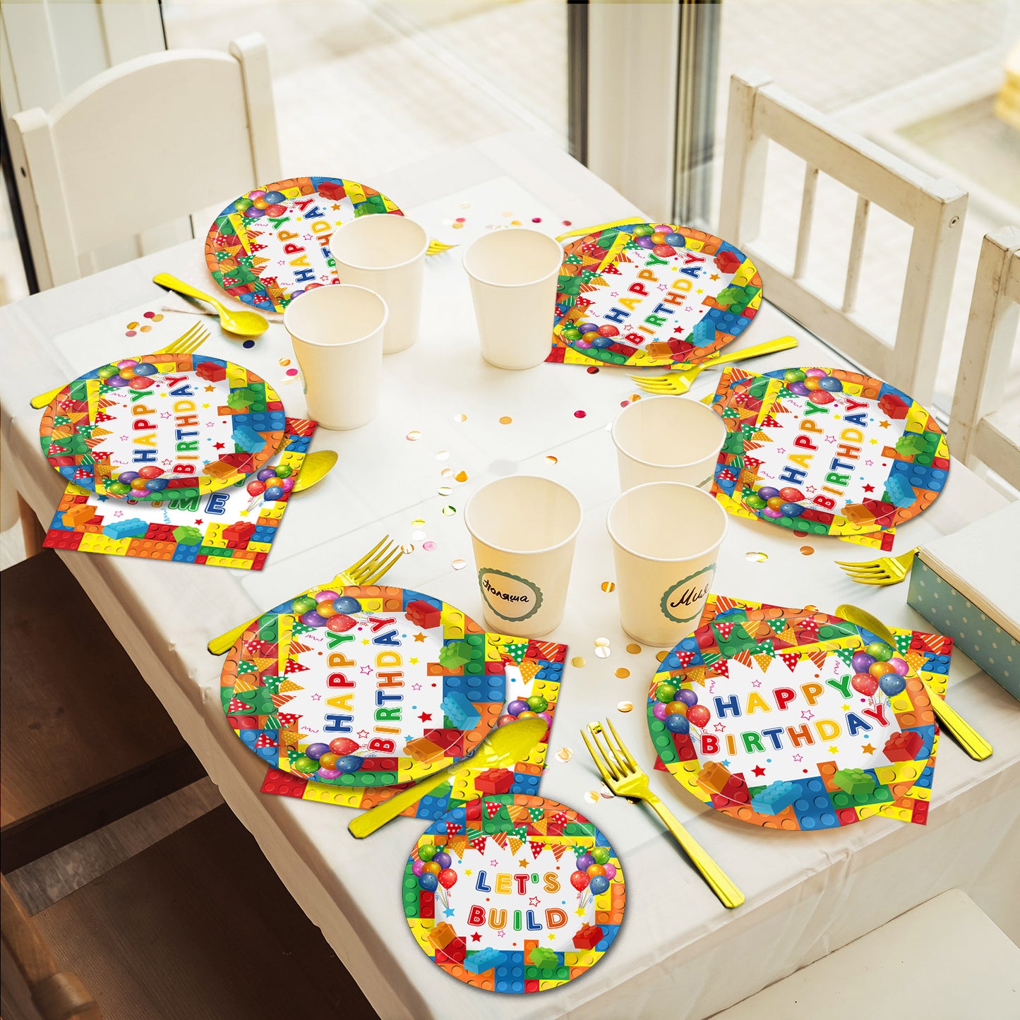 96 Pcs Building Block Birthday Party Supplies for 24 Guests（White）