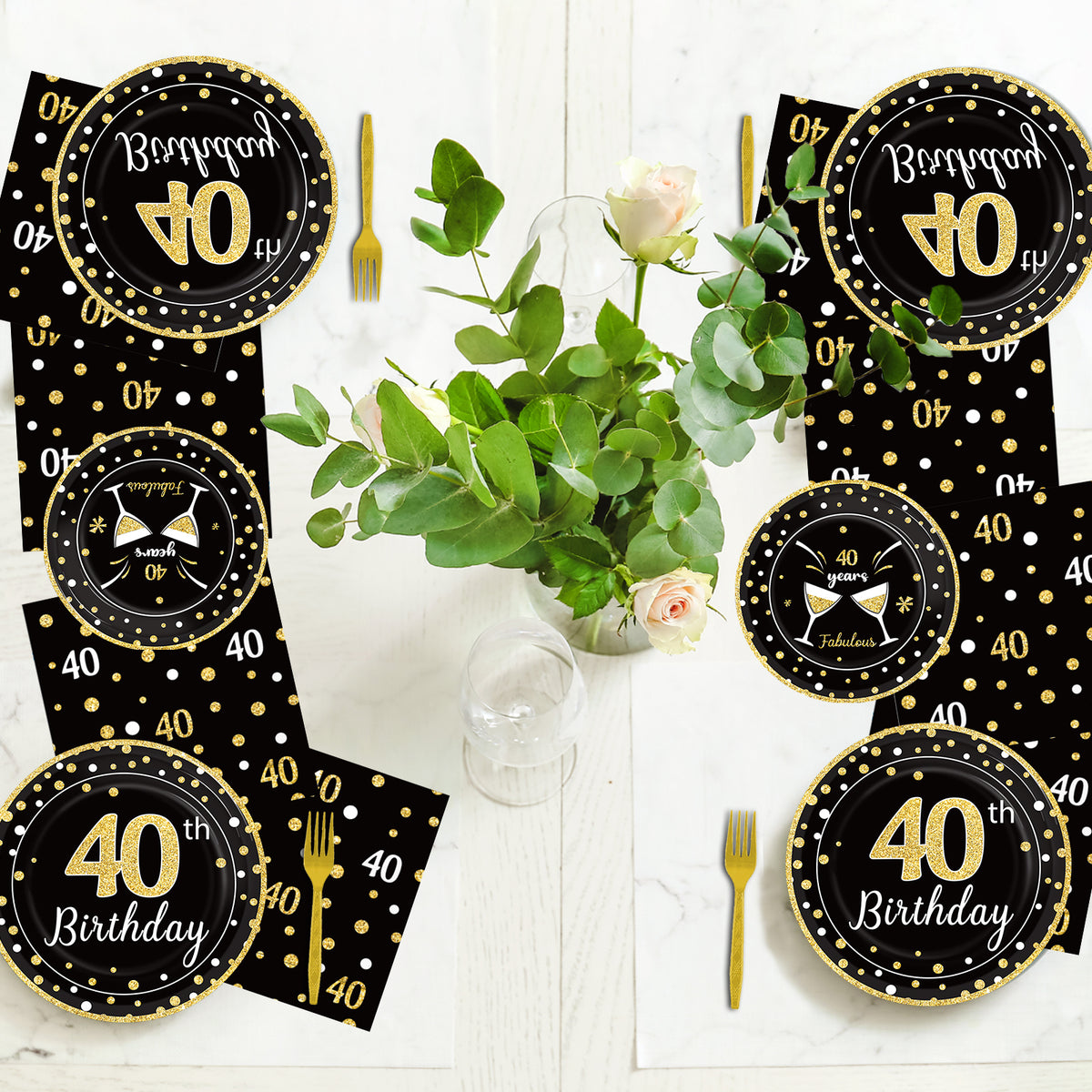 40th Birthday Theme Party Supplies,Plates Napkins Forks Set of 96pcs