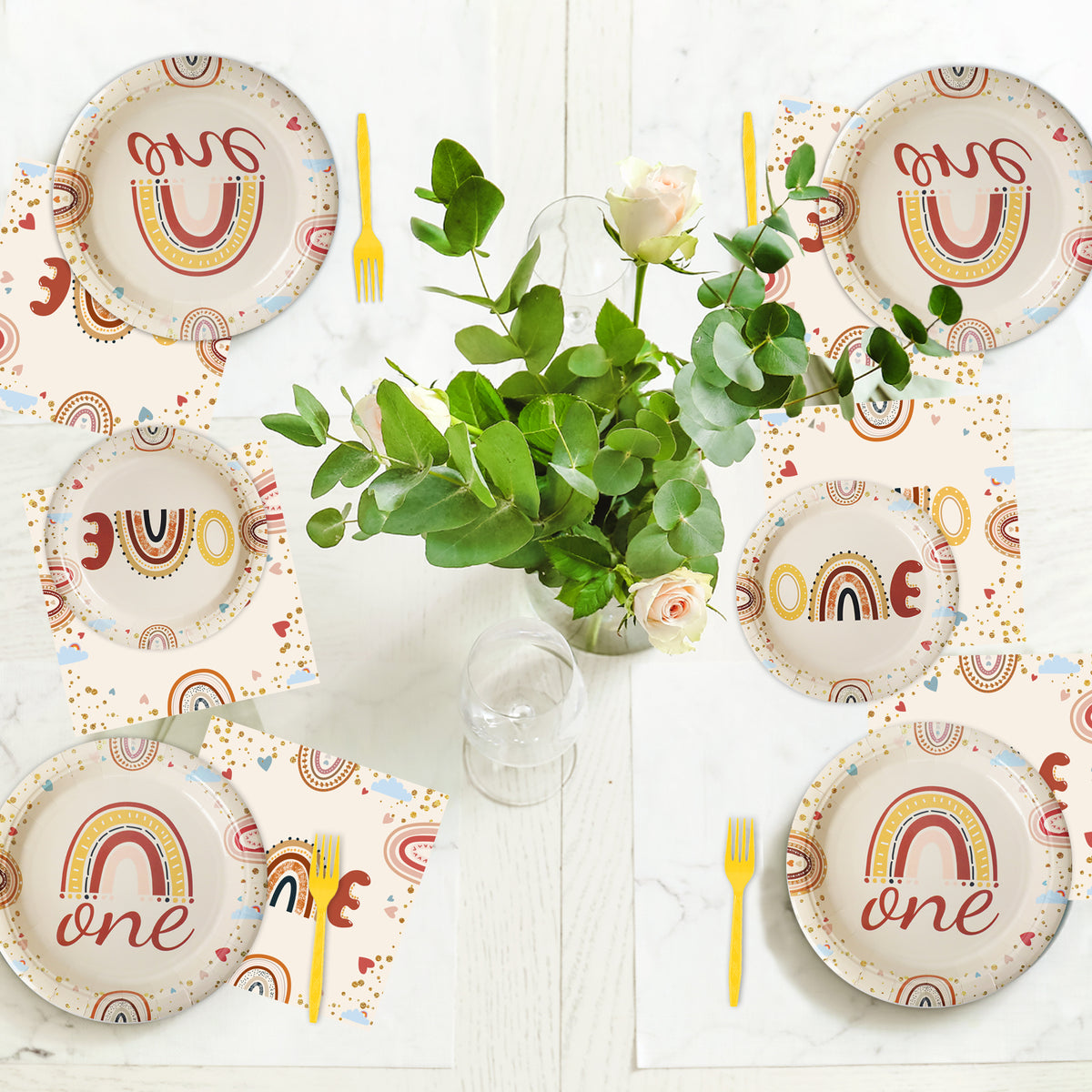 Boho Rainbow Theme Party Supplies,Plates Napkins Forks Set of 96pcs