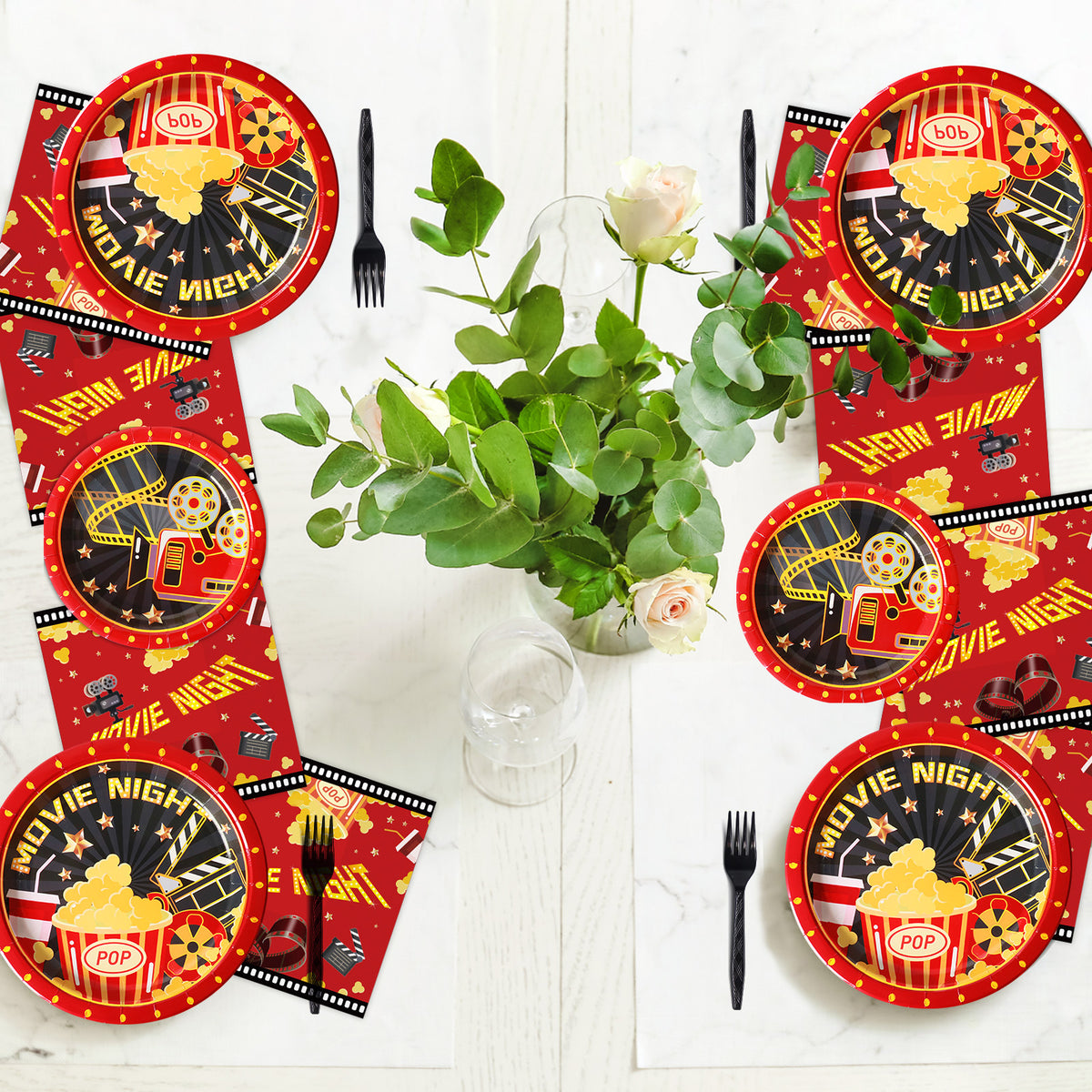 Movie Night Theme Party Supplies,Plates Napkins Forks Set of 96pcs