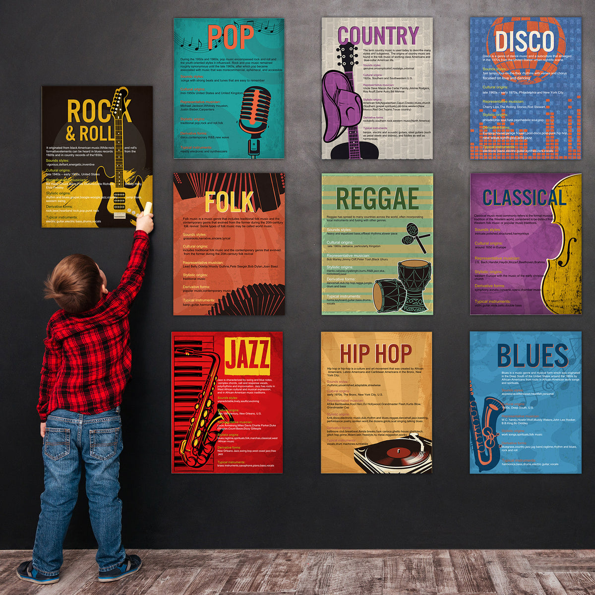 Music Genre Posters Music Bulletin Board Set-10 Pack,16 * 11inch