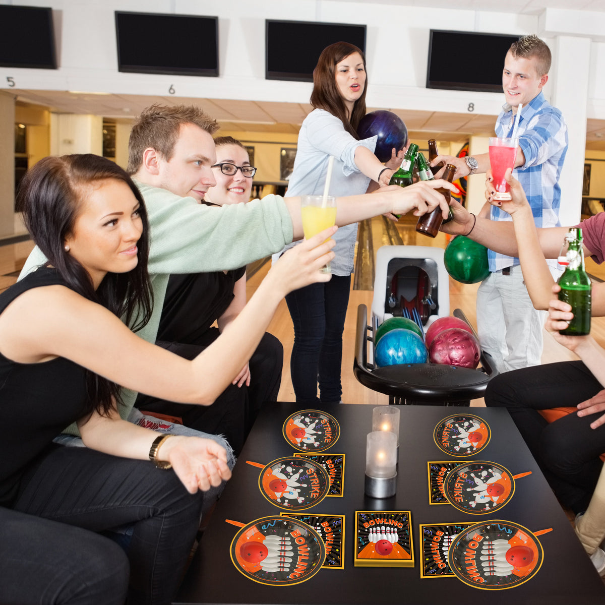 96 Pcs Bowling Party Tableware Set for 24 Guests