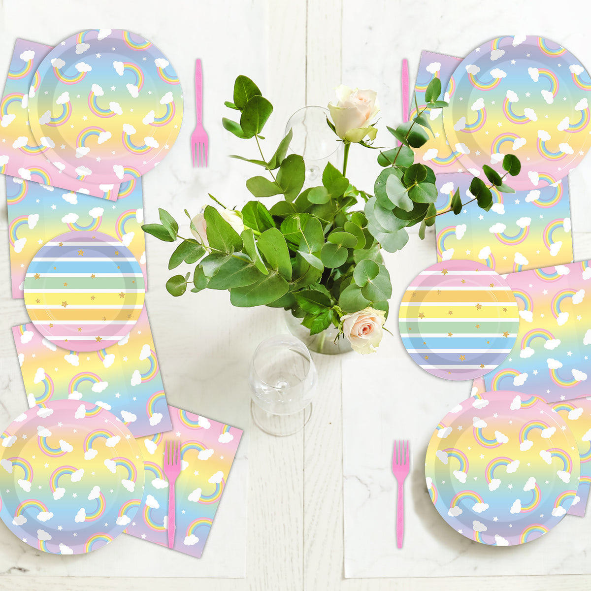 Rainbow Theme Party Supplies,Plates Napkins Forks Set of 96pcs