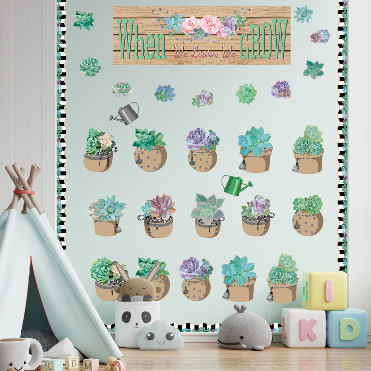 71 Pieces Succulents Bulletin Board Set Cutouts Banner Border Trims Classroom Decor-When We Learn We Grow