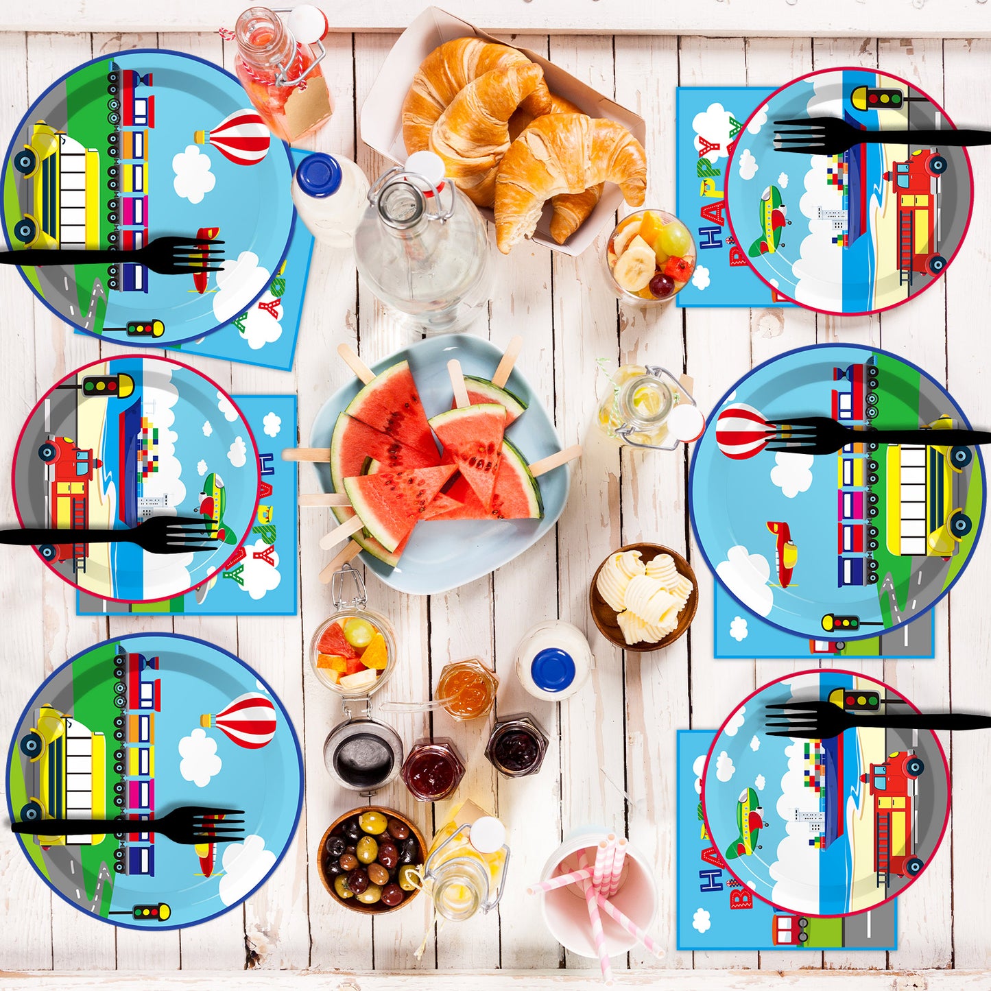 Transportation Theme Party Supplies,Plates Napkins Forks Set of 96pcs
