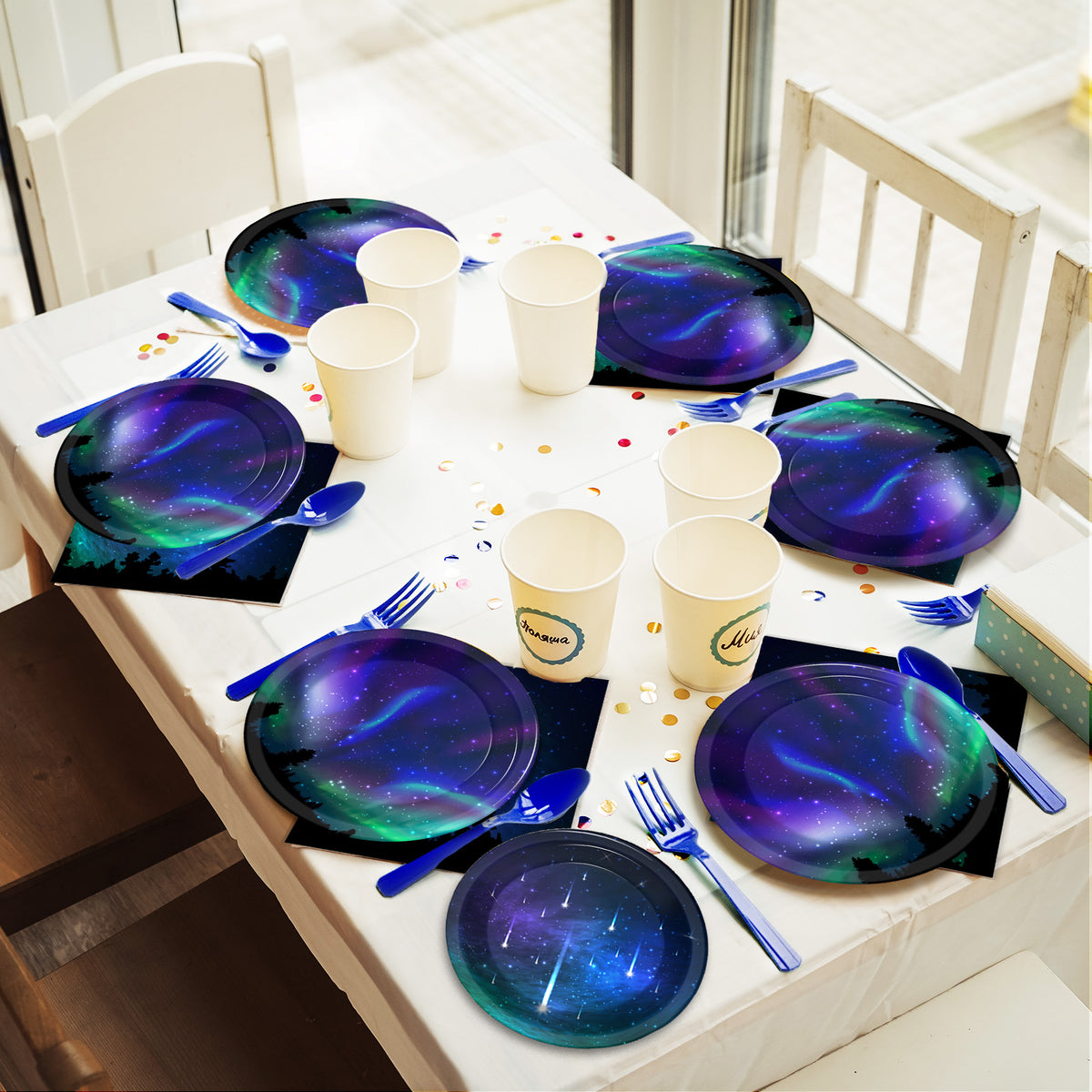 96 Pieces Starry Night Supplies Tableware Set Outer Space Paper Plates Napkins Forks for 24 Guests
